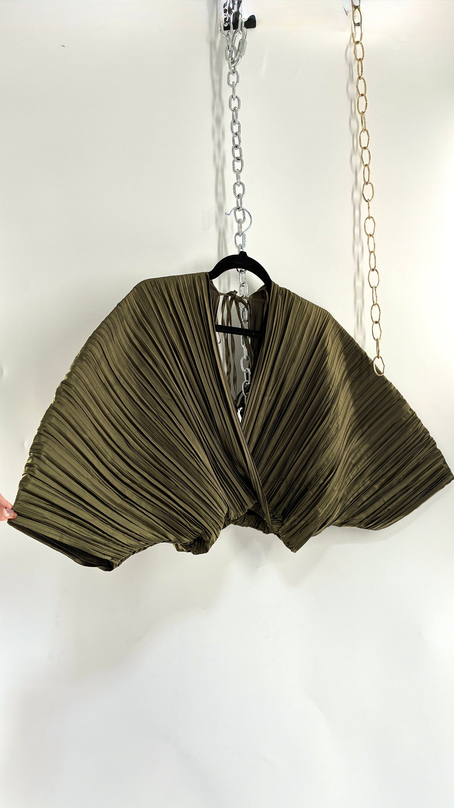 ZARA Olive Green Pleated Fanned Sleeve Top (Small)