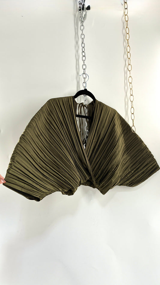 ZARA Olive Green Pleated Fanned Sleeve Top (Small)