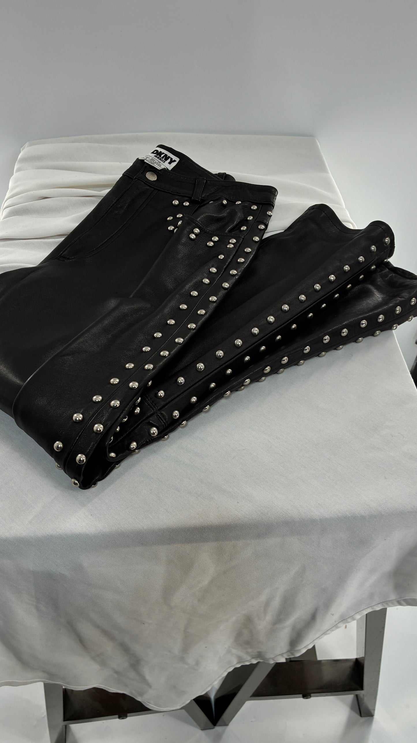 Vintage DKNY Genuine Leather Black Hip to Hem Studded Straight Legs (12)