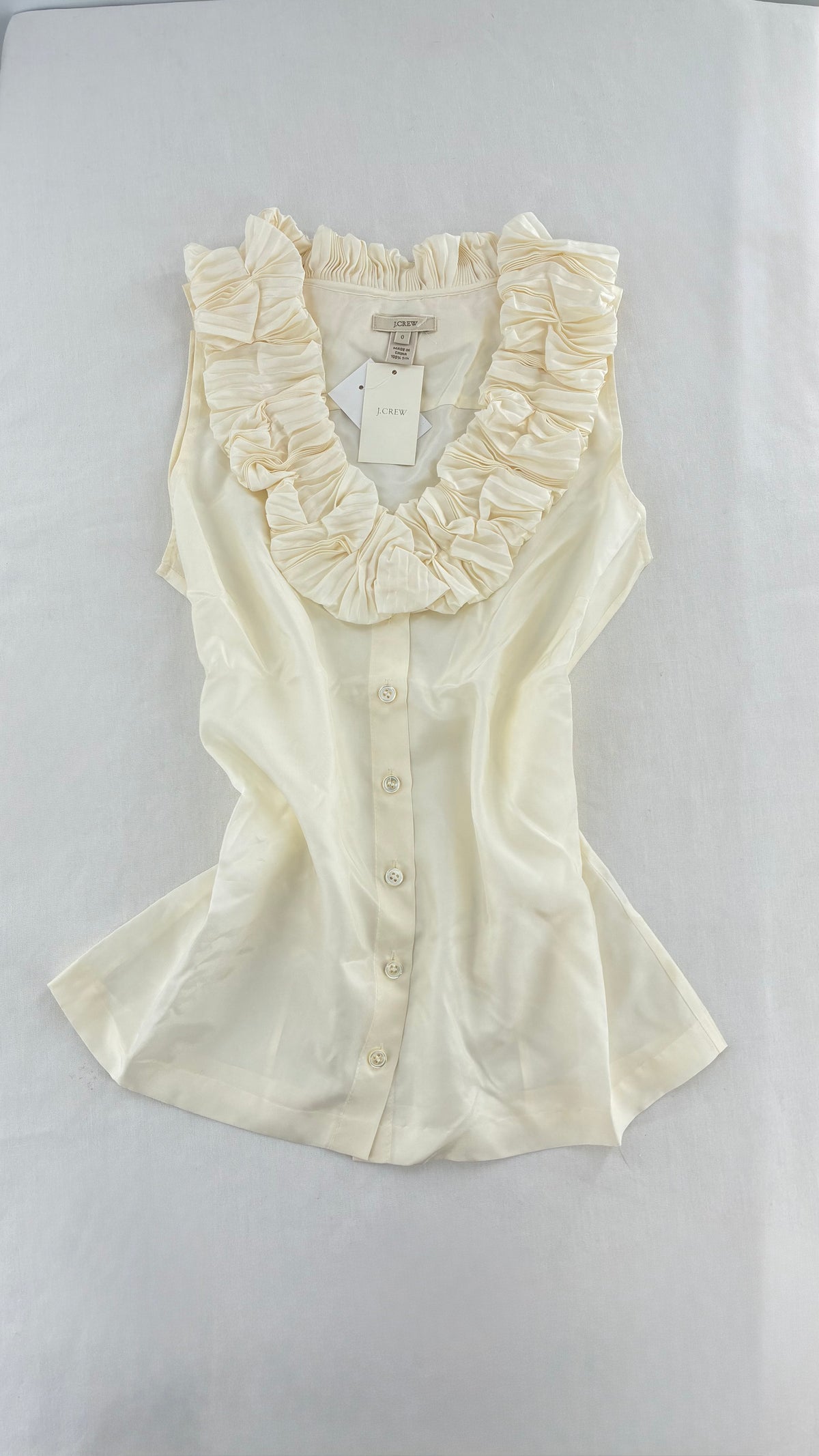 Vintage JCREW Ivory 100% Silk Button Front Sleeveless with Ruffled Neckline (0)