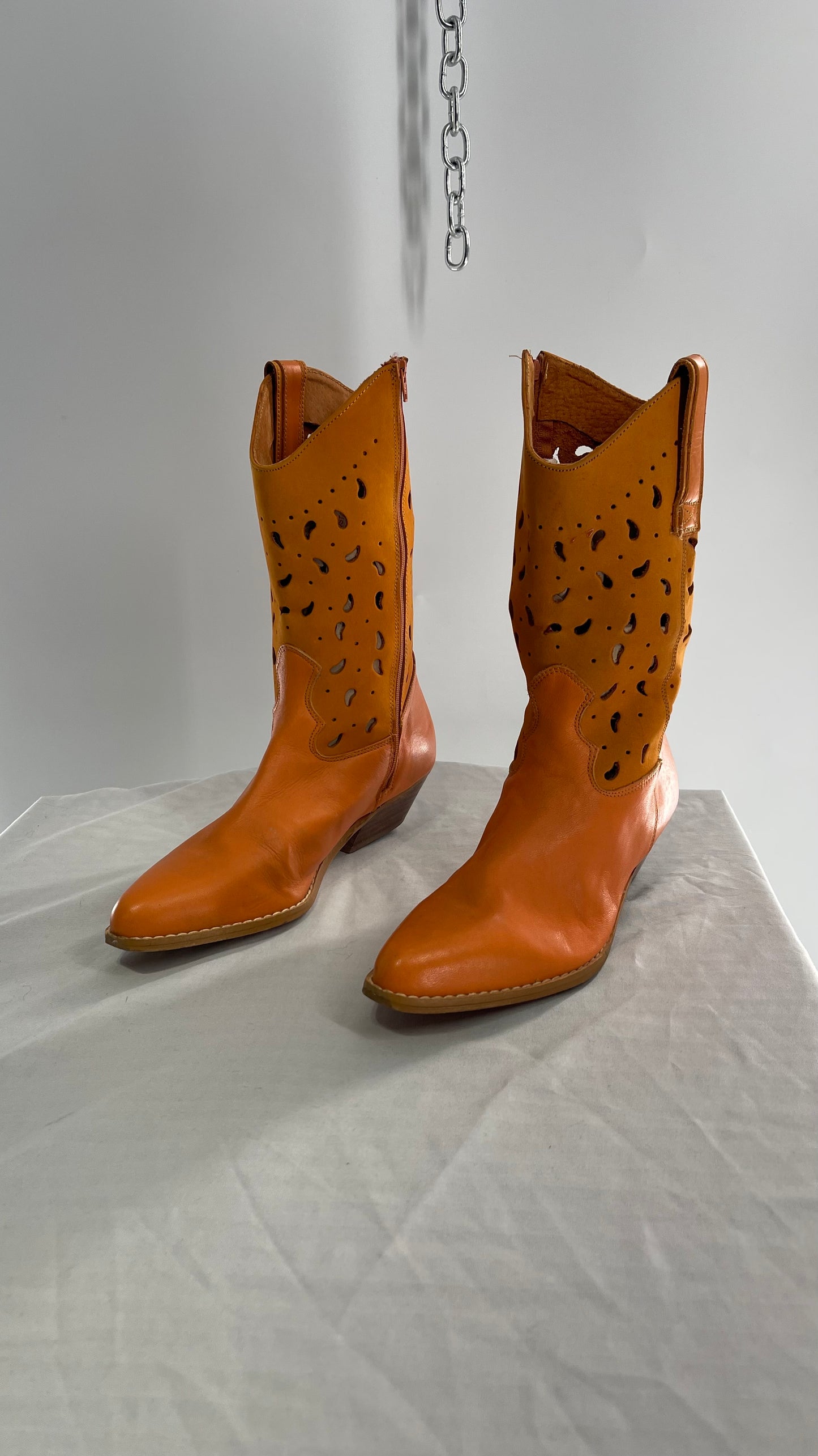 Vintage Santa Barbara Orange Leather Made in Spain Pointed Toe Cowboy Boots (8)