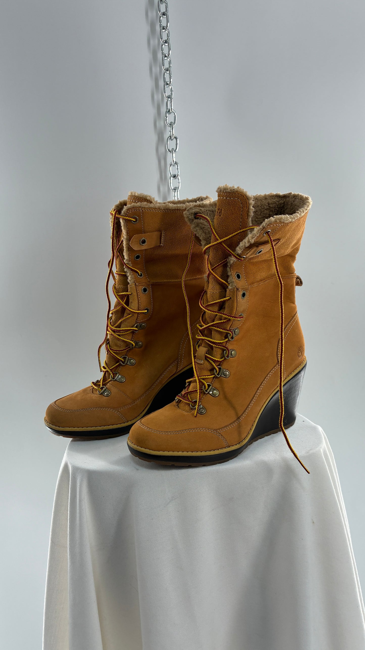 Vintage TIMBERLAND Wedge Boots Suede Leather Tie Up Heels (7.5)