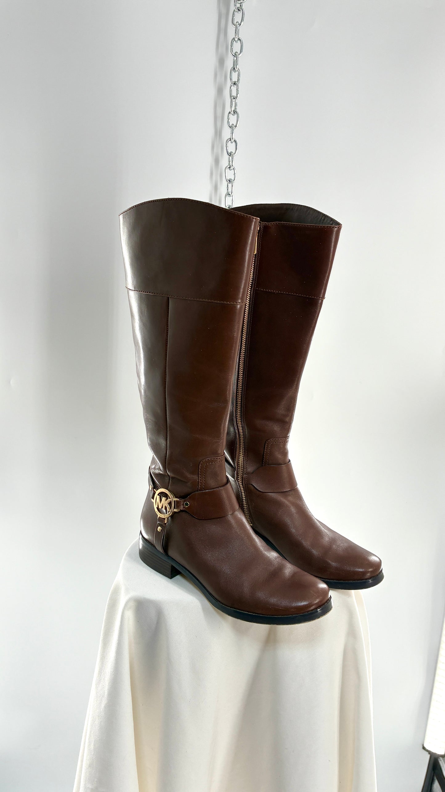 Vintage MICHAEL KORS Knee High Brown Genuine Leather Moto Boot with Gold Detailing (9)