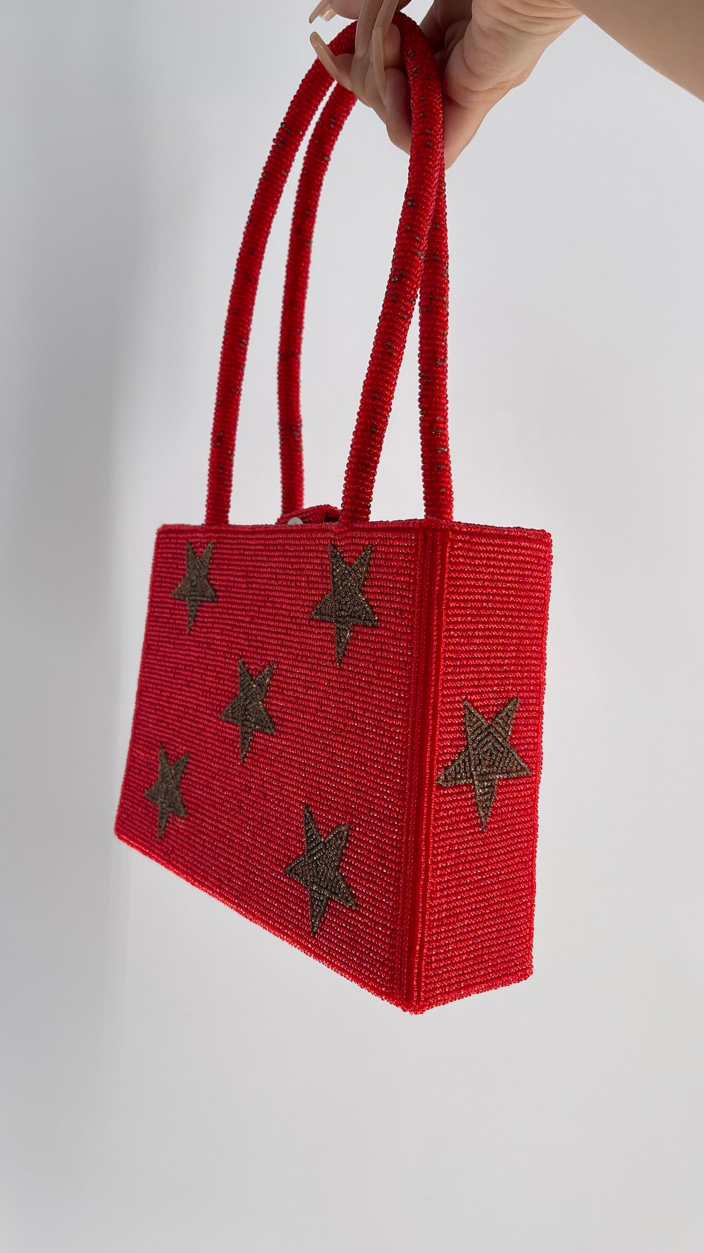 Vintage Lynne Jerome Red Beaded Box Bag with Gold Stars