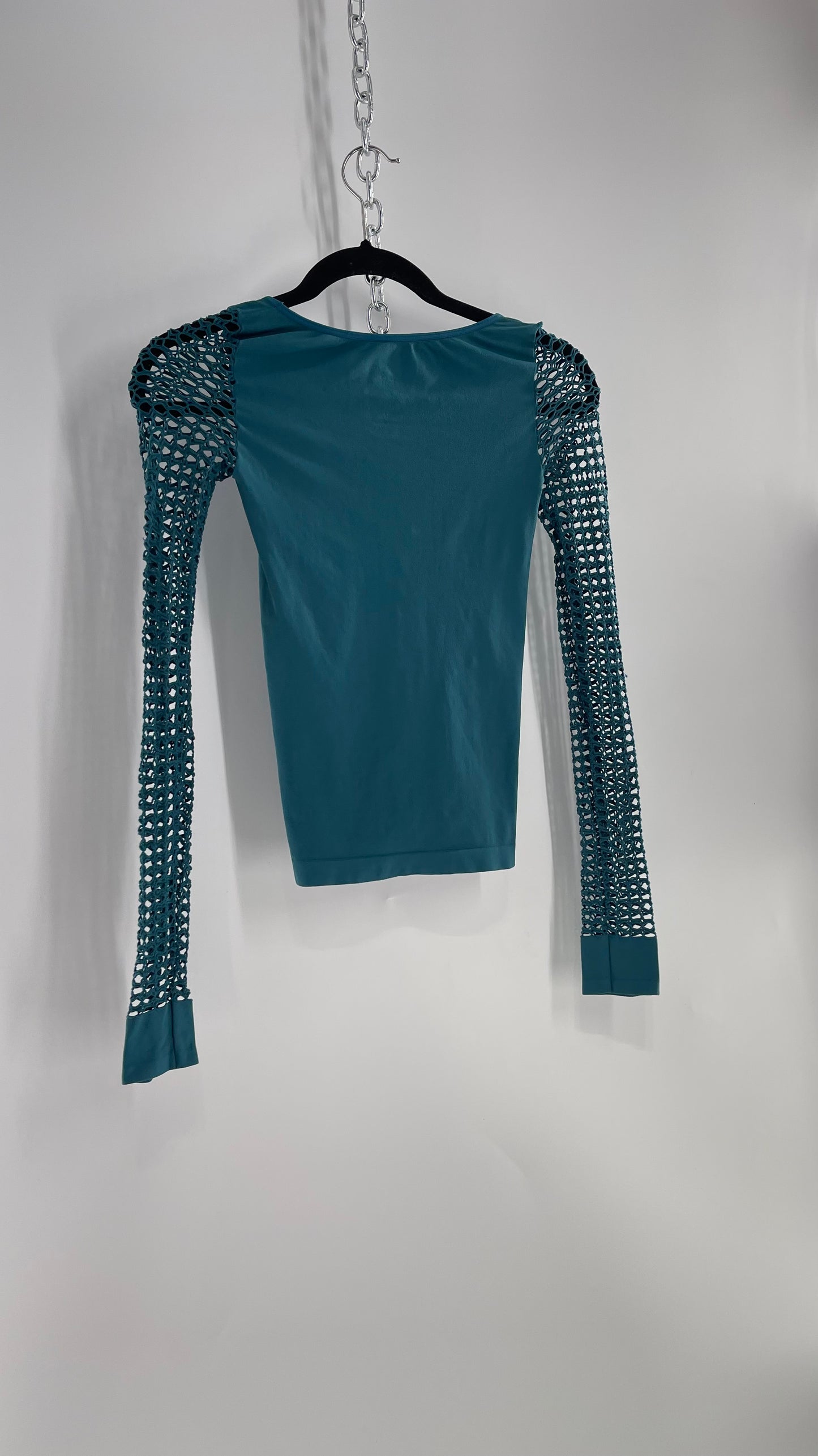 Free People Teal Spandex Top with Long Mesh Sleeves (XS)