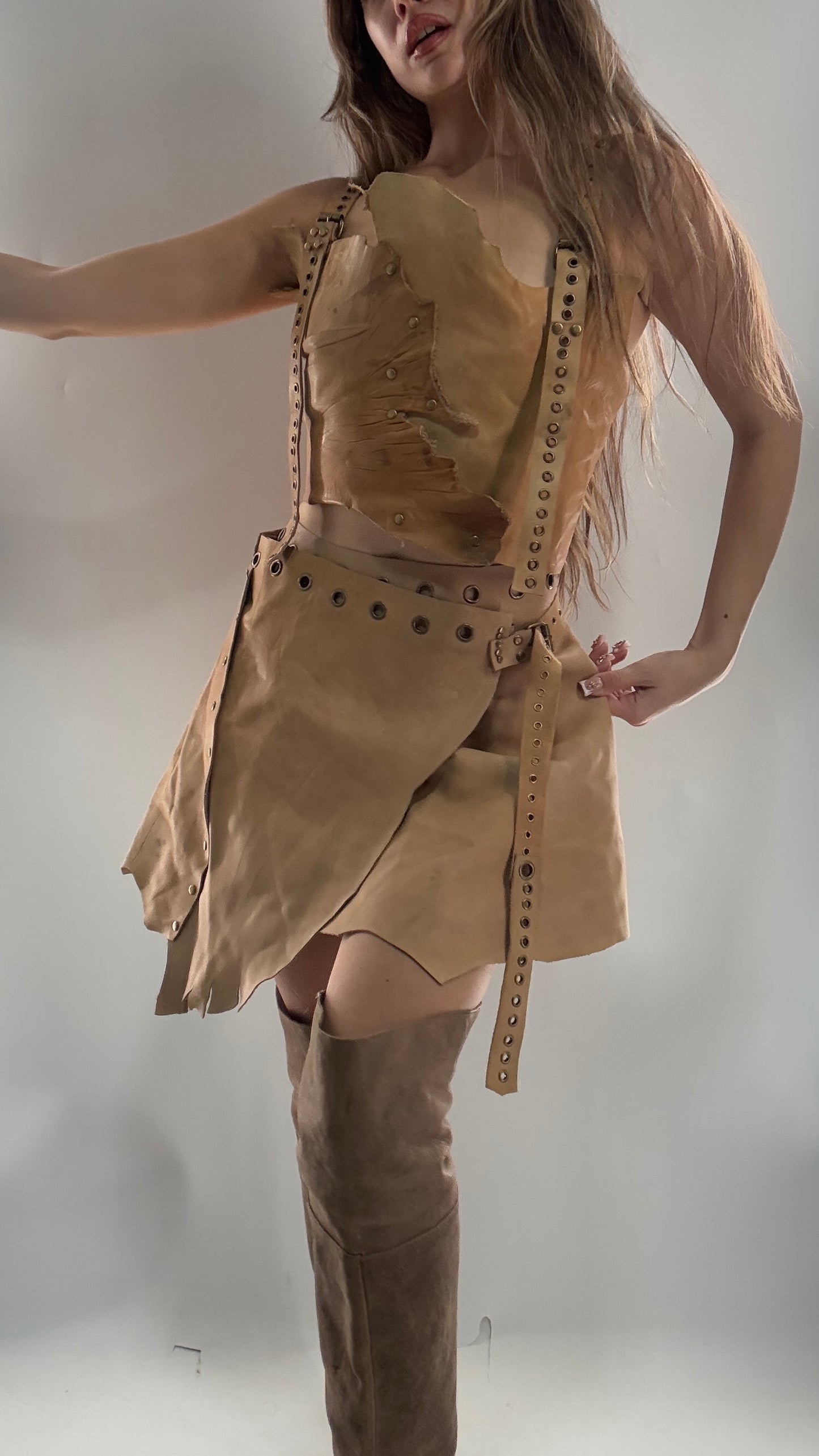 CUSTOM Handmade Rugged and Reversible Distressed Leather Two Piece Set with Grommet Waistband (XS-XL)