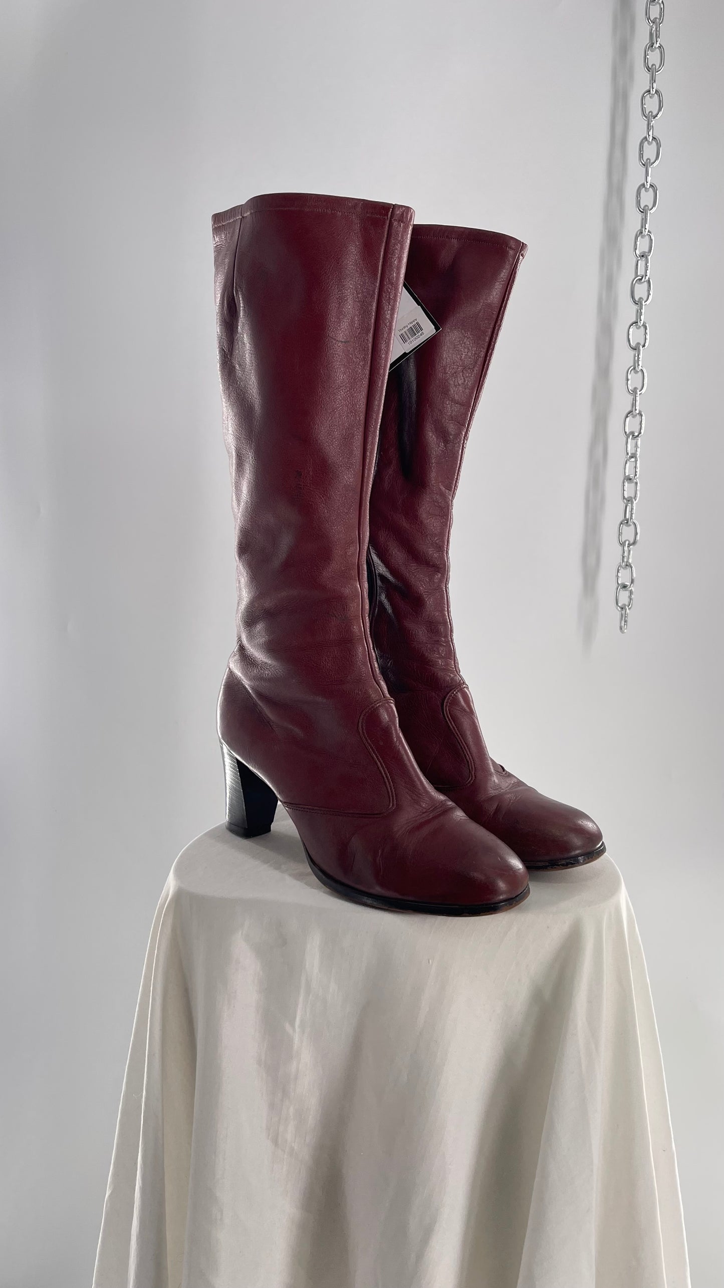 Vintage Cherry Cola Red Knee High Leather Boot with Heel (8.5)