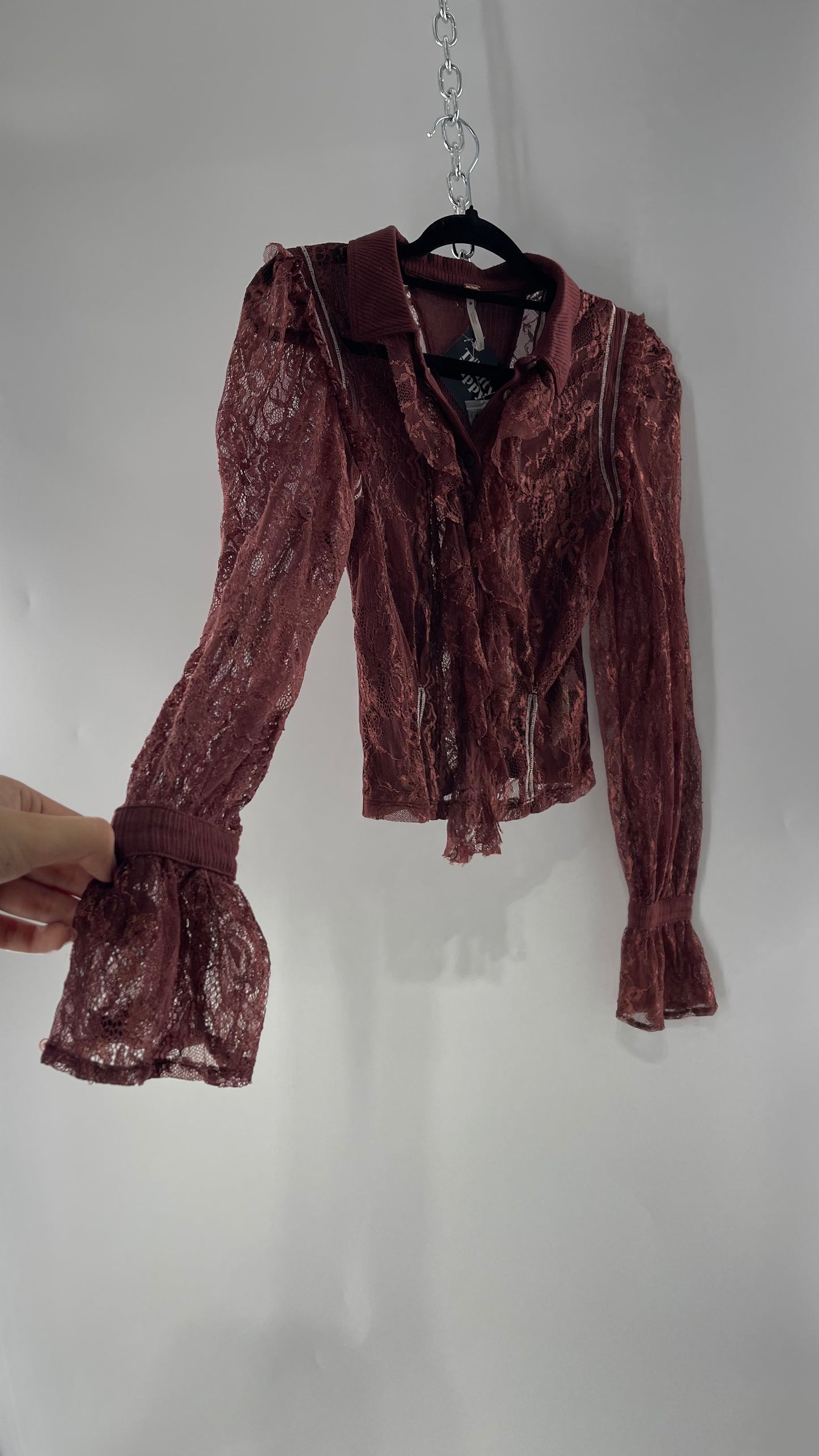 Free People Burgundy Lace Button Front Blouse with Balloon Sleeves and Ruffle Front Detail  (Small)