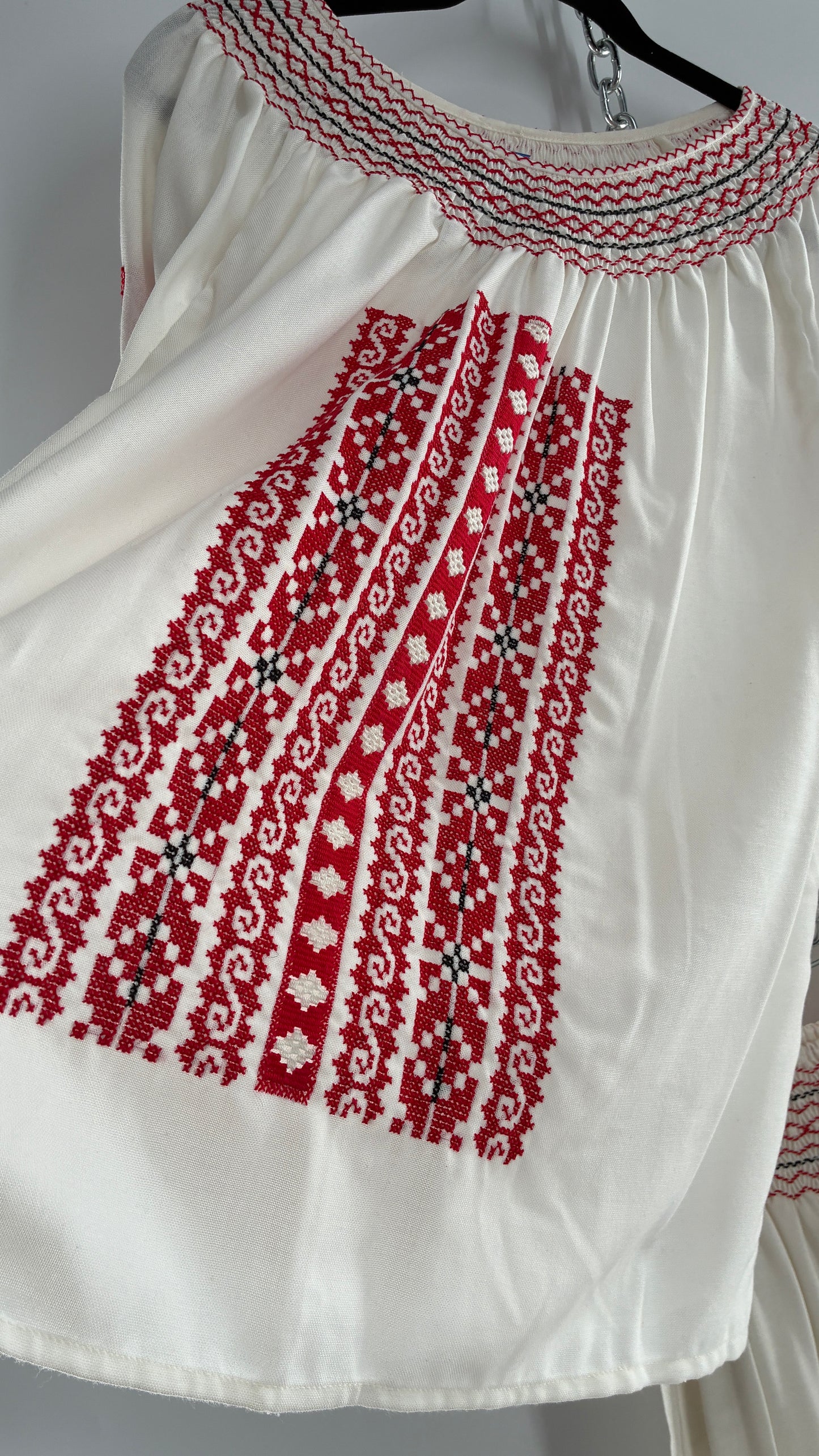 Vintage 1970s LUX FOLKLOR Budapest Handmade Cotton Long Sleeve and Skirt Covered in Red Embroidery and Stitching