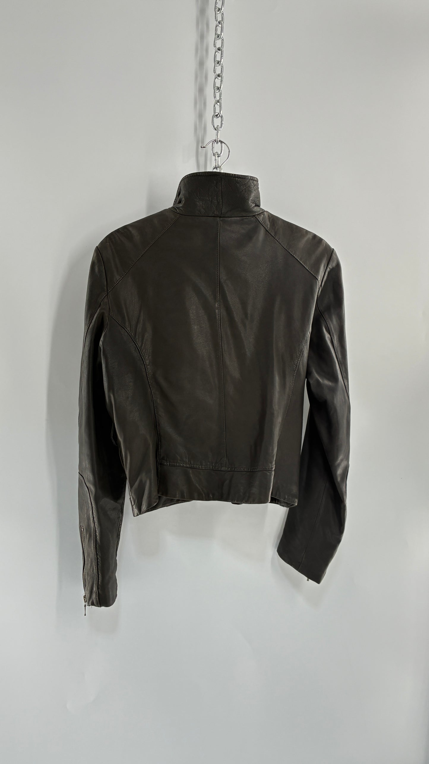 Vintage IDENTIFY Soft Genuine Leather Jacket with High Neck and Multi Pocket Details (Medium)