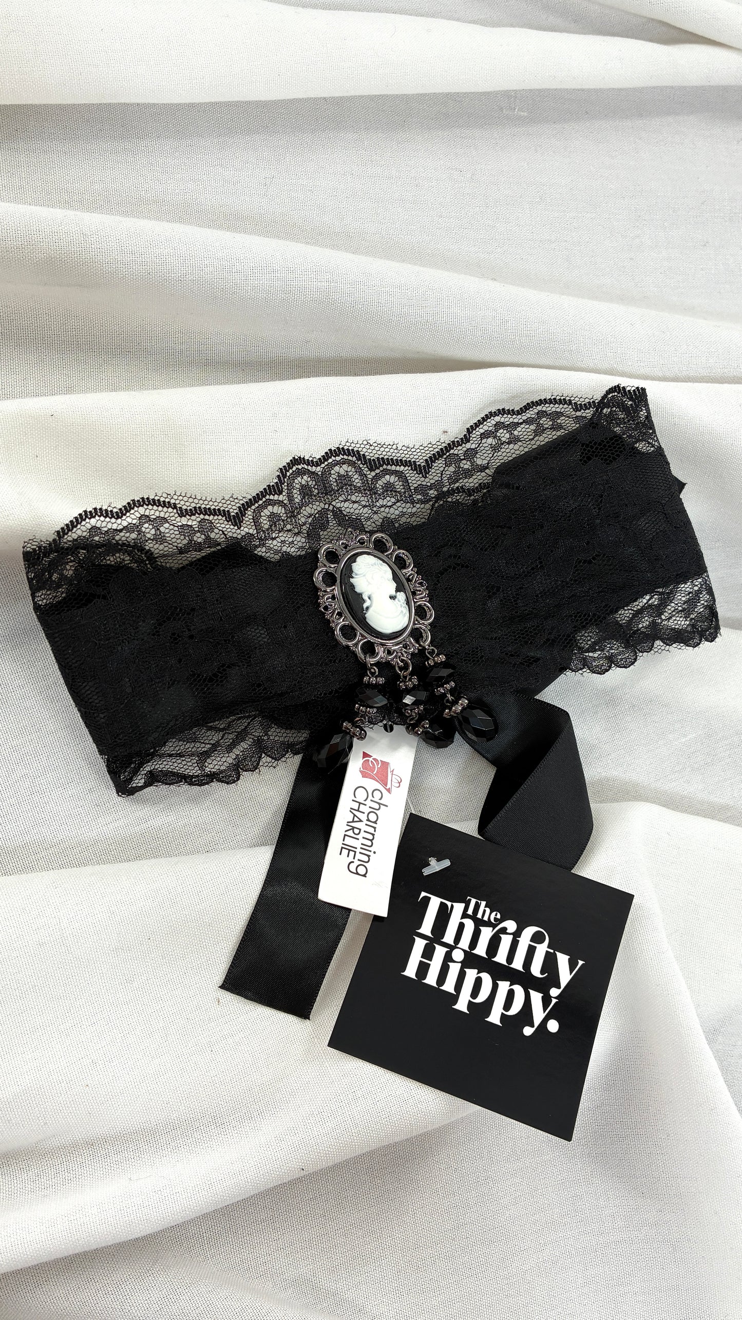 Edwardian Lace choker with Cascading Beads and Tag Attached