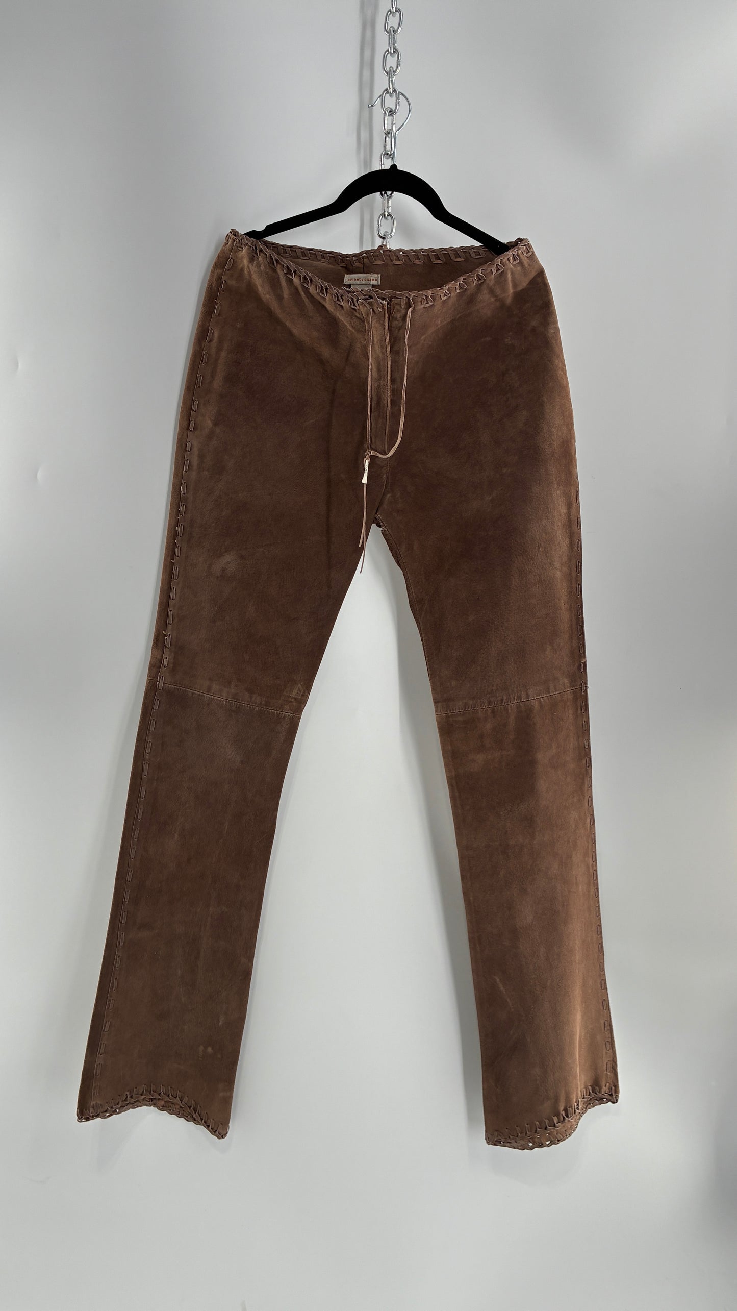 Vintage SWEET ROMEO Suede Leather Stitch Side, Braided Hem Pants (10)