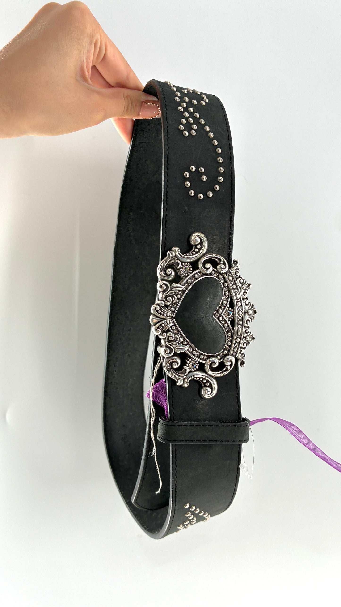 Extremely RARE Vintage BRIGHTON Genuine Leather Black Studded Belt with Crowned Heart Buckle (ML32)