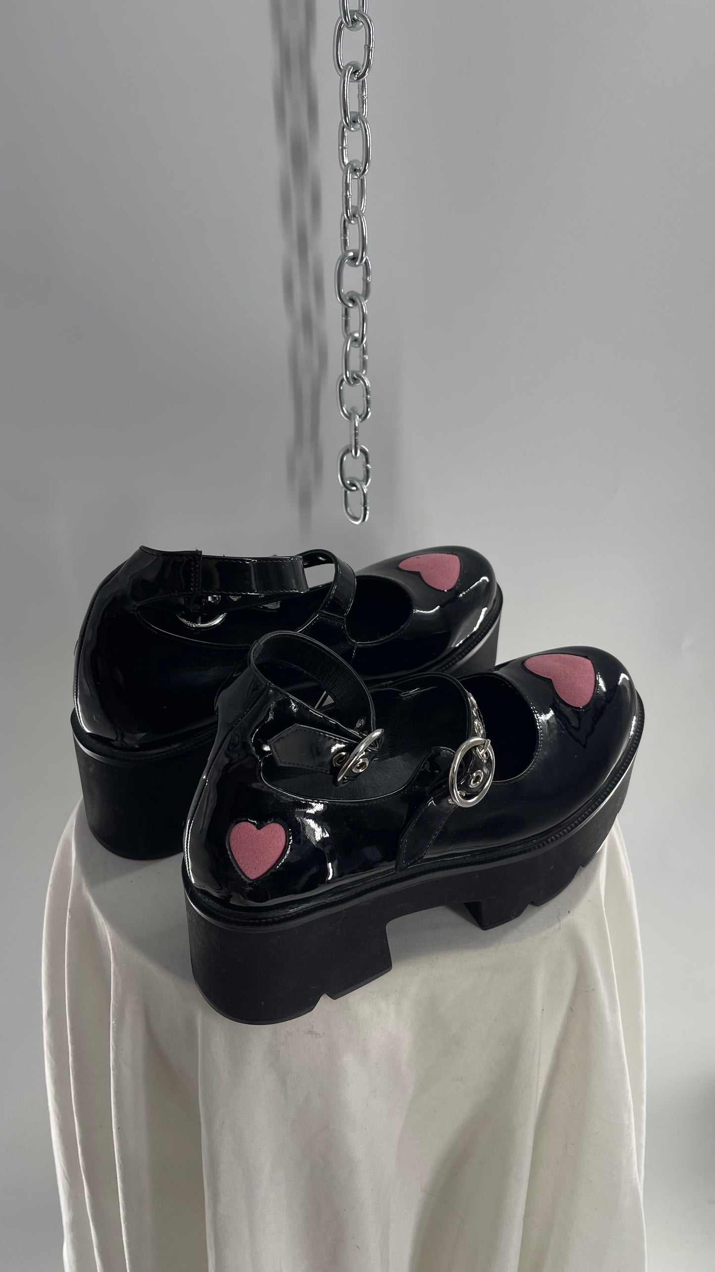 LaModa Ironic Black Patent Multibuckle Mary Jane with Pink Hearts (8)