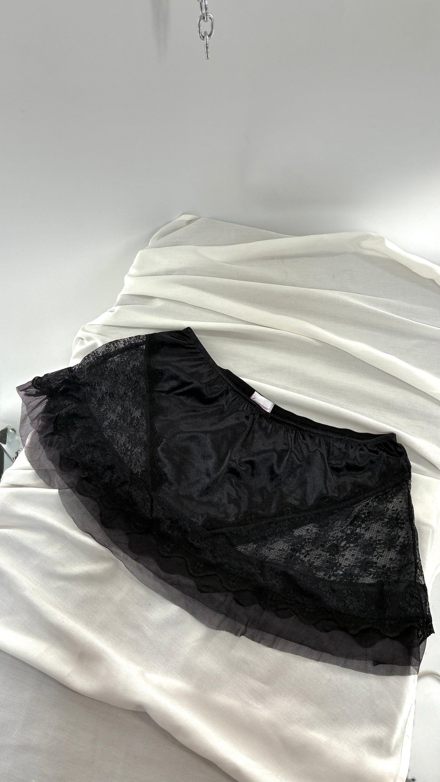 Vintage AMOUREUSE Black Satin Mini Skirt with Lace Hip Panels  (1X)