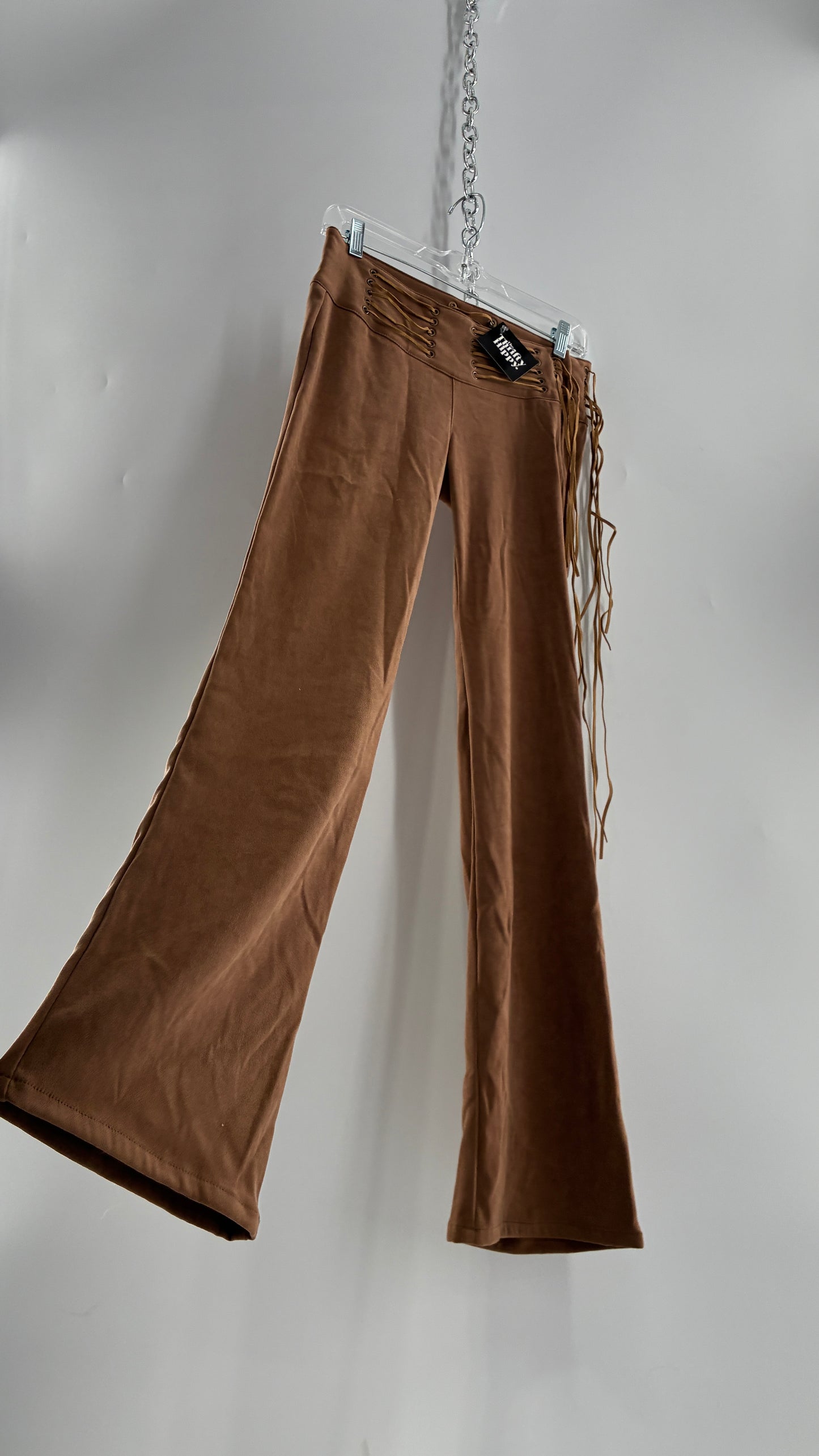 Vintage Rare L.E.I Low Rise Faux Suede Kick Flares with Wide, Thread Through Tassels Hip Band (5)