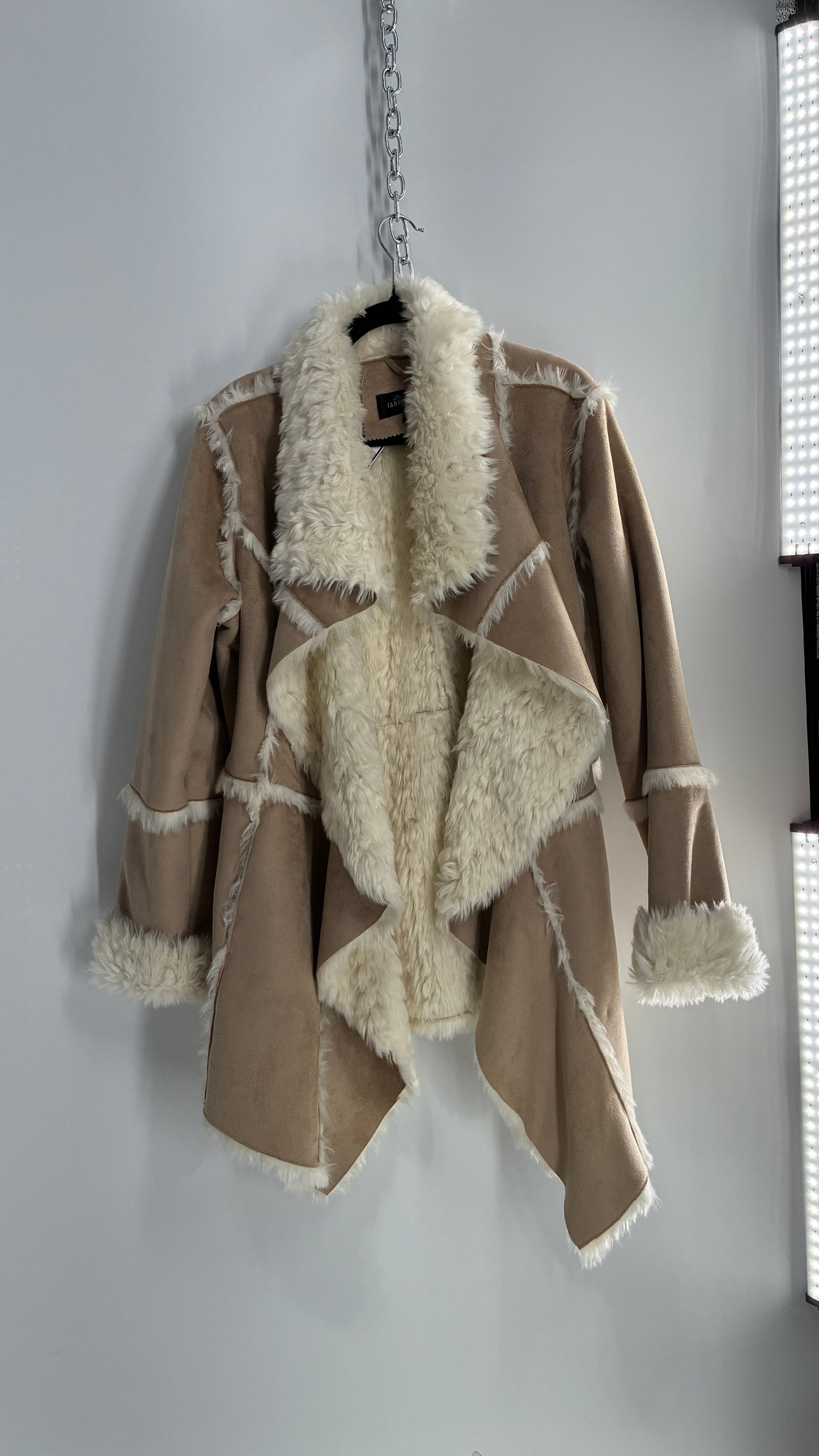 Fabulous Furs Vegan Suede Coat with Faux Fur Piping and Cuffs (Large)