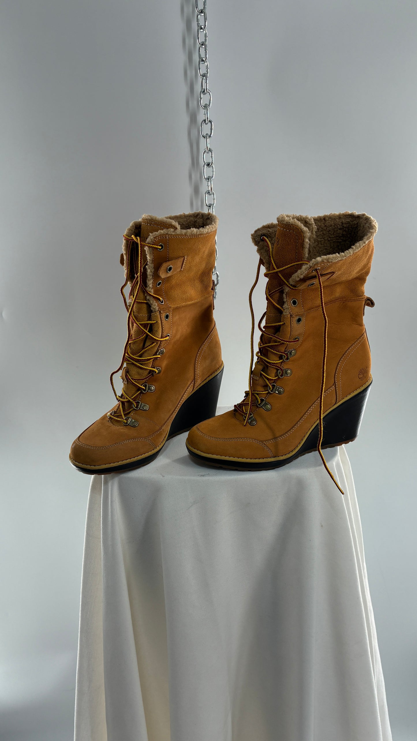 Vintage TIMBERLAND Wedge Boots Suede Leather Tie Up Heels (7.5)
