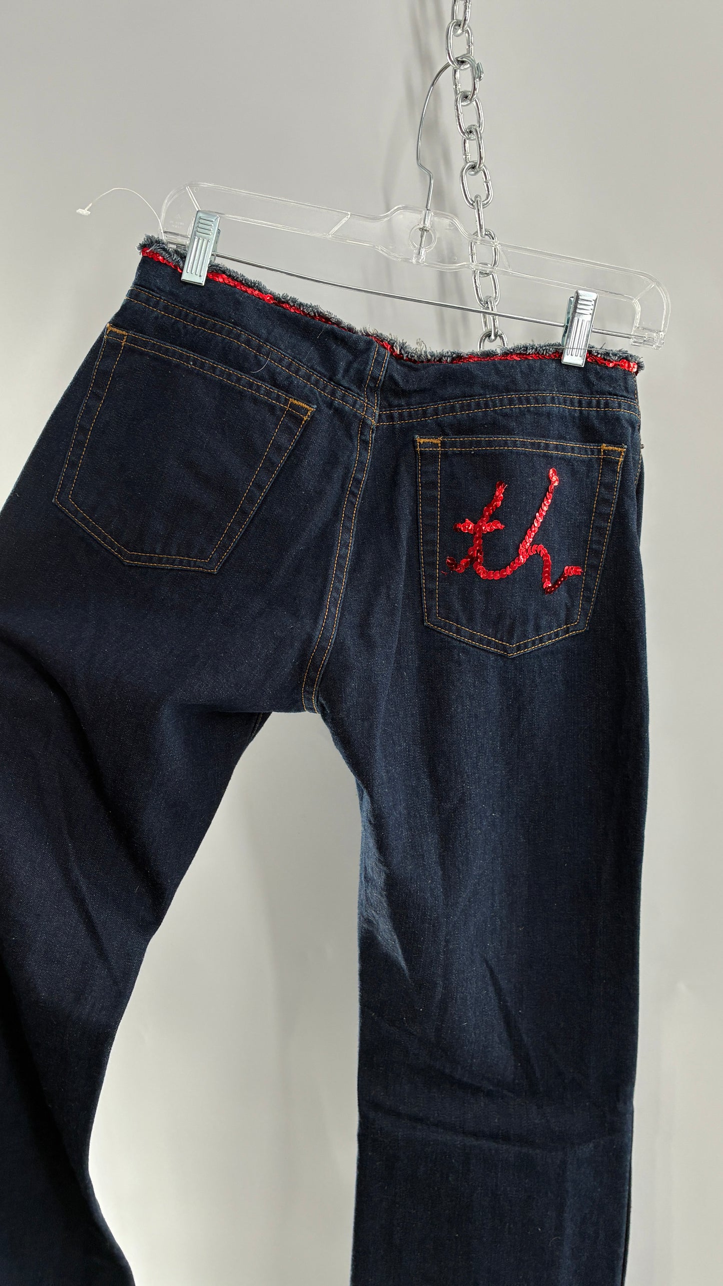 Vintage Tommy Hilfiger Low Rise Jeans with Frayed Waist Lined in Red Sequins (7)