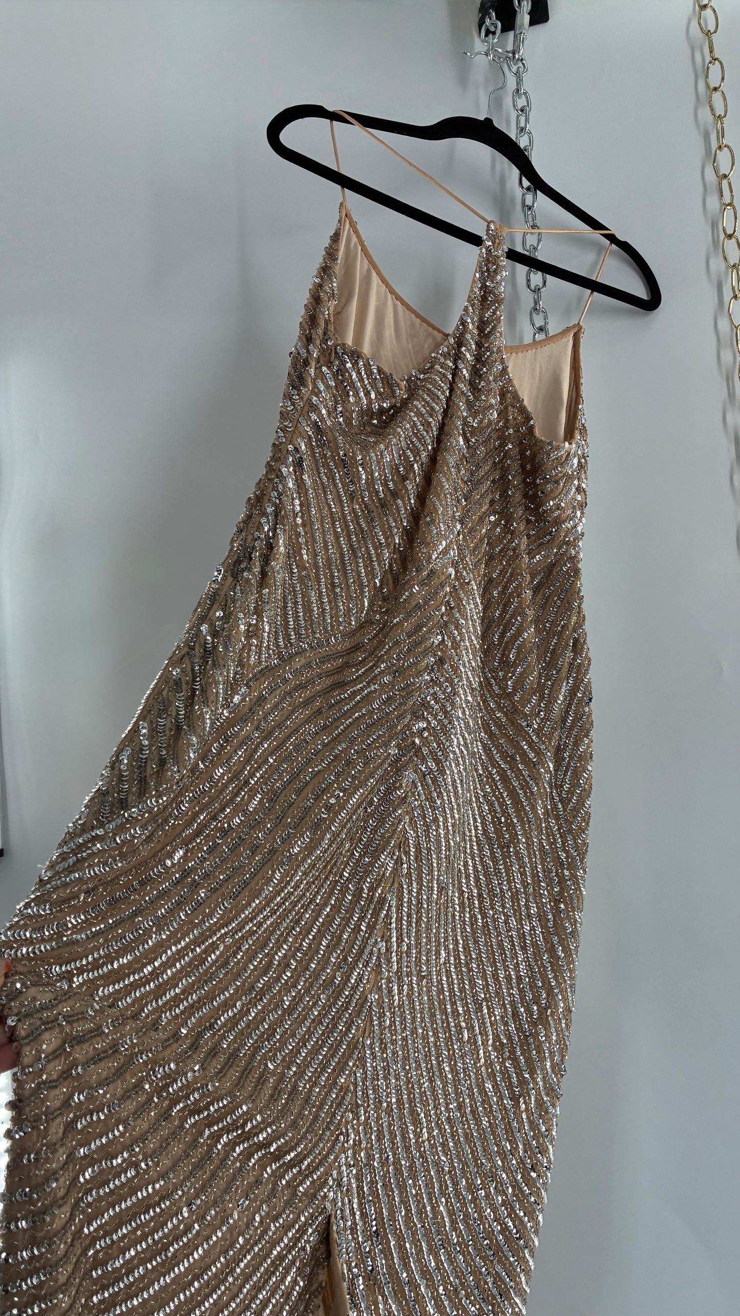 MESHKI Tierra Nude Full Length Dress with Silver Sequins with Tags Attached (XXXL)