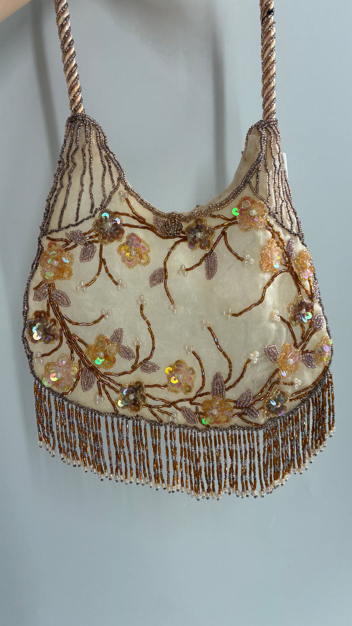 Vintage Deadstock Beige Beaded Fringe Purse with Embroidered Beaded Florals