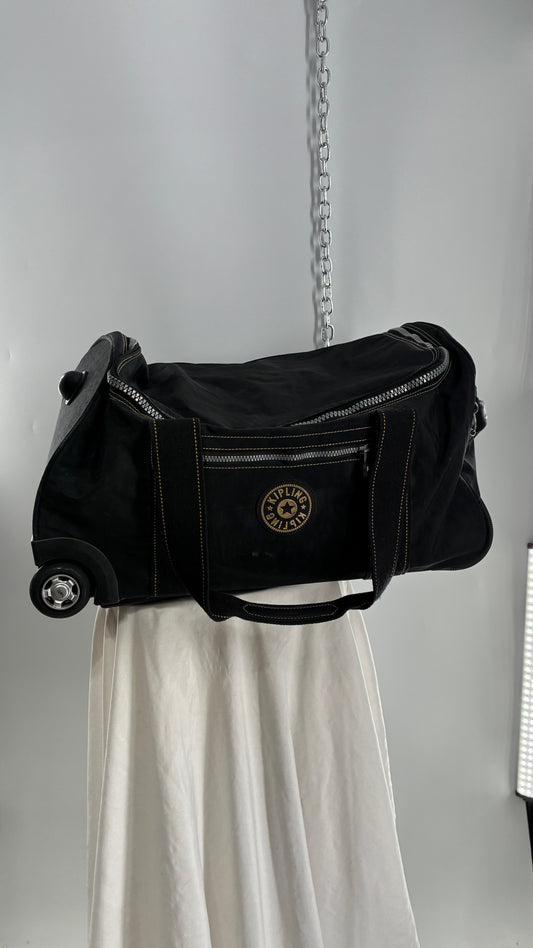 Vintage KIPLING Black Rolling Luggage Duffle Bag Suitcase with Extendable Handle