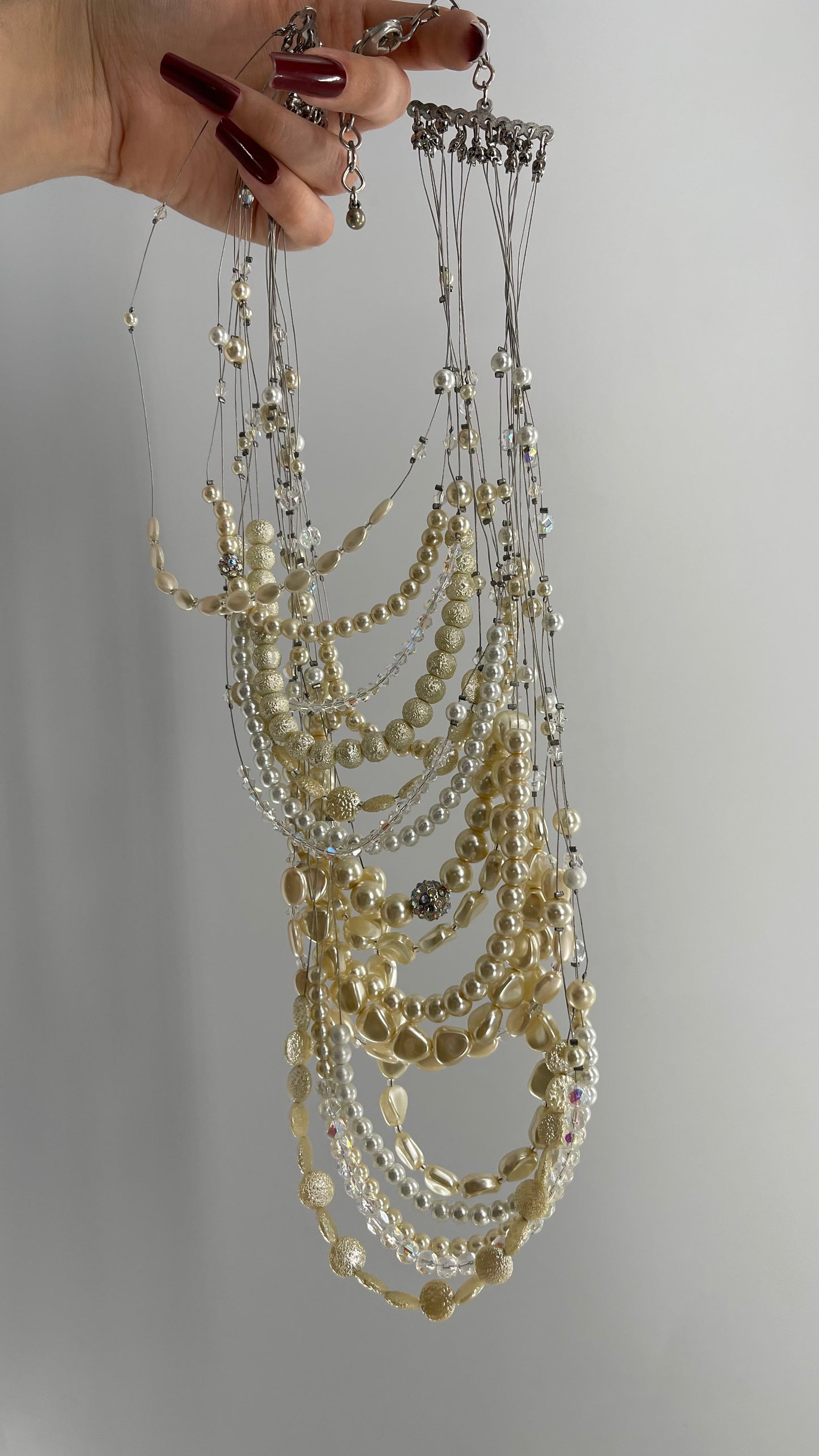 Vintage Handmade Exaggerated Multi Layer Pearl, Beaded Statement Necklace for Plunging Necklines