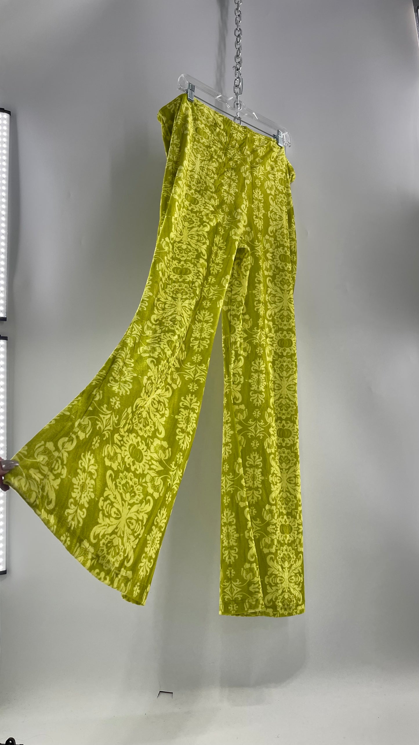 Urban Outfitters Chartreuse Green/Yellow Velvet Lace Patterned Flares with Scrunch Front  (XXL)