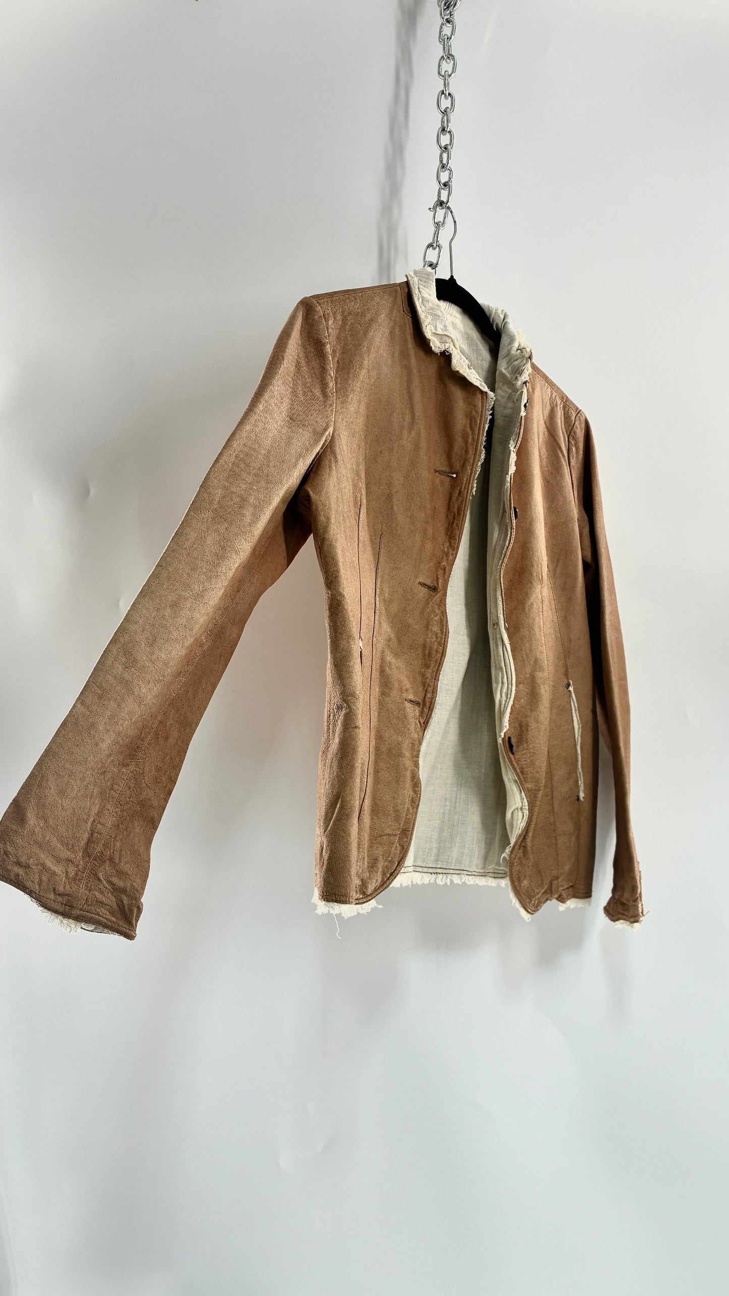 Vintage JAKETT Tan Leather Jacker with Cotton Raw Edge Trim+ Lining and buttoned Cuffs (Medium)