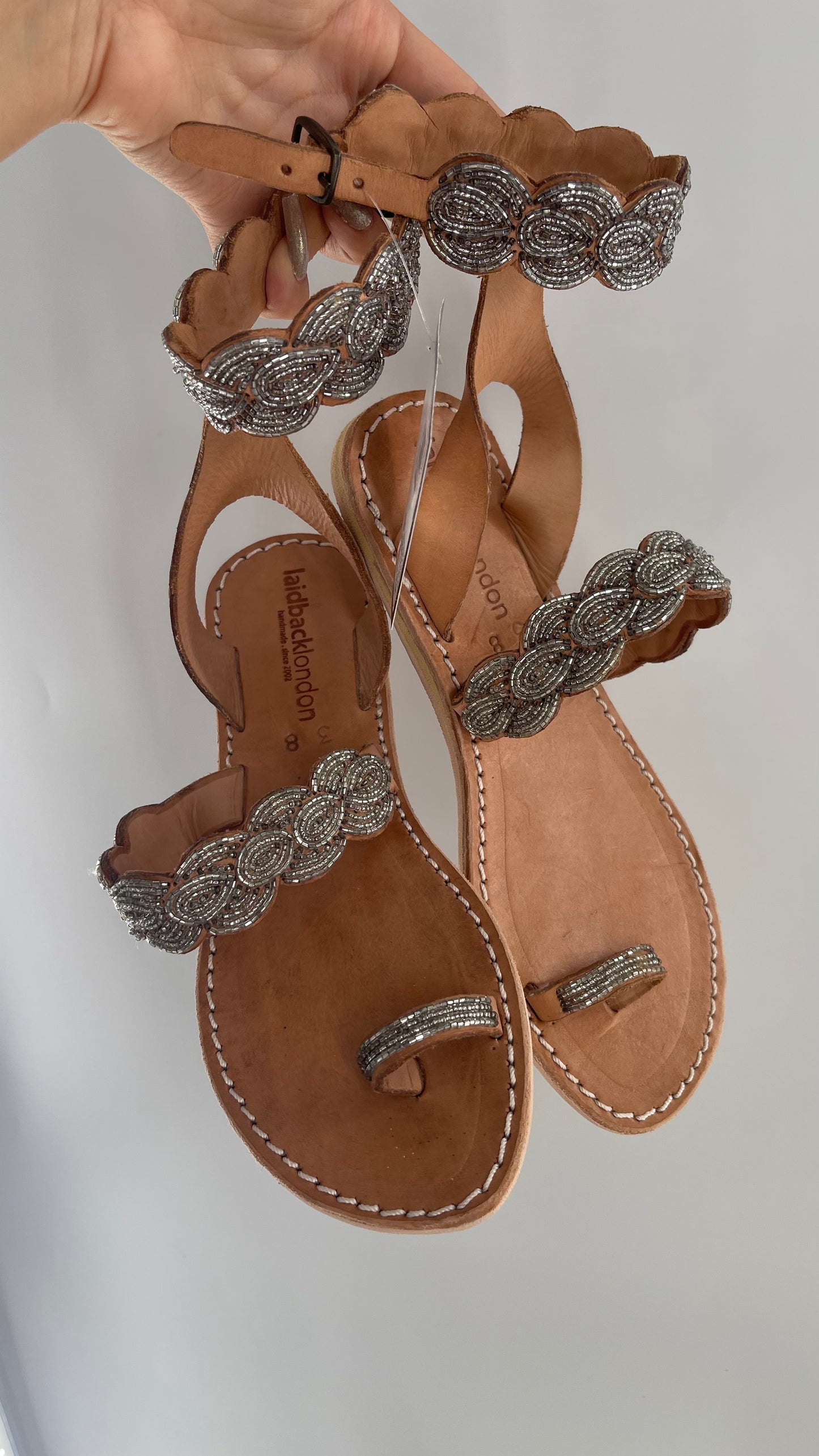 Free People Laidback London Handmade Sandals with Tan Leather Straps Covered in Silver Beaded Details (38)