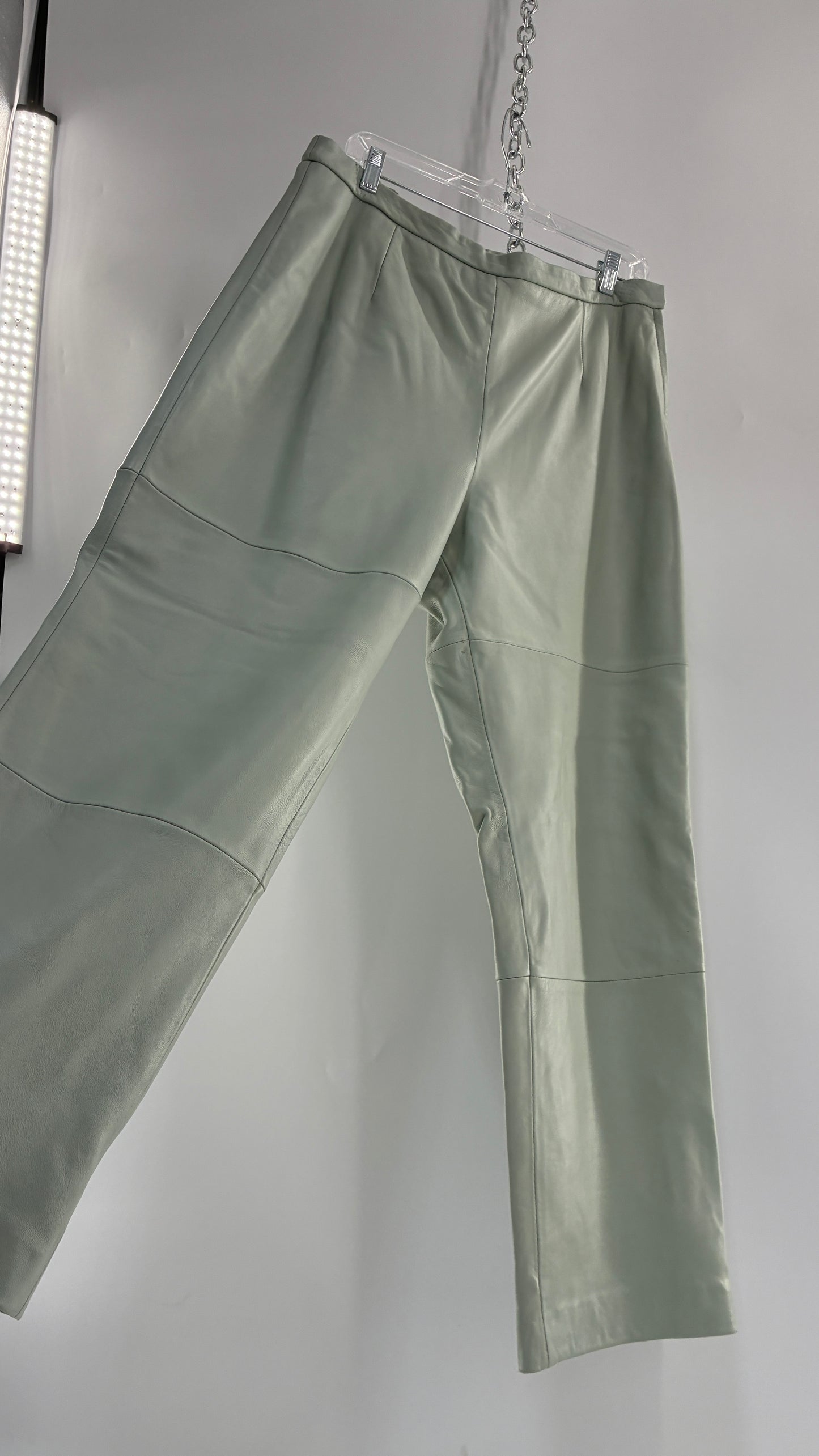 Vintage TERRY LEWIS Classic Luxuries Muted Seafoam, Genuine Leather Trousers with Silky Soft, Satin Lining (16P)