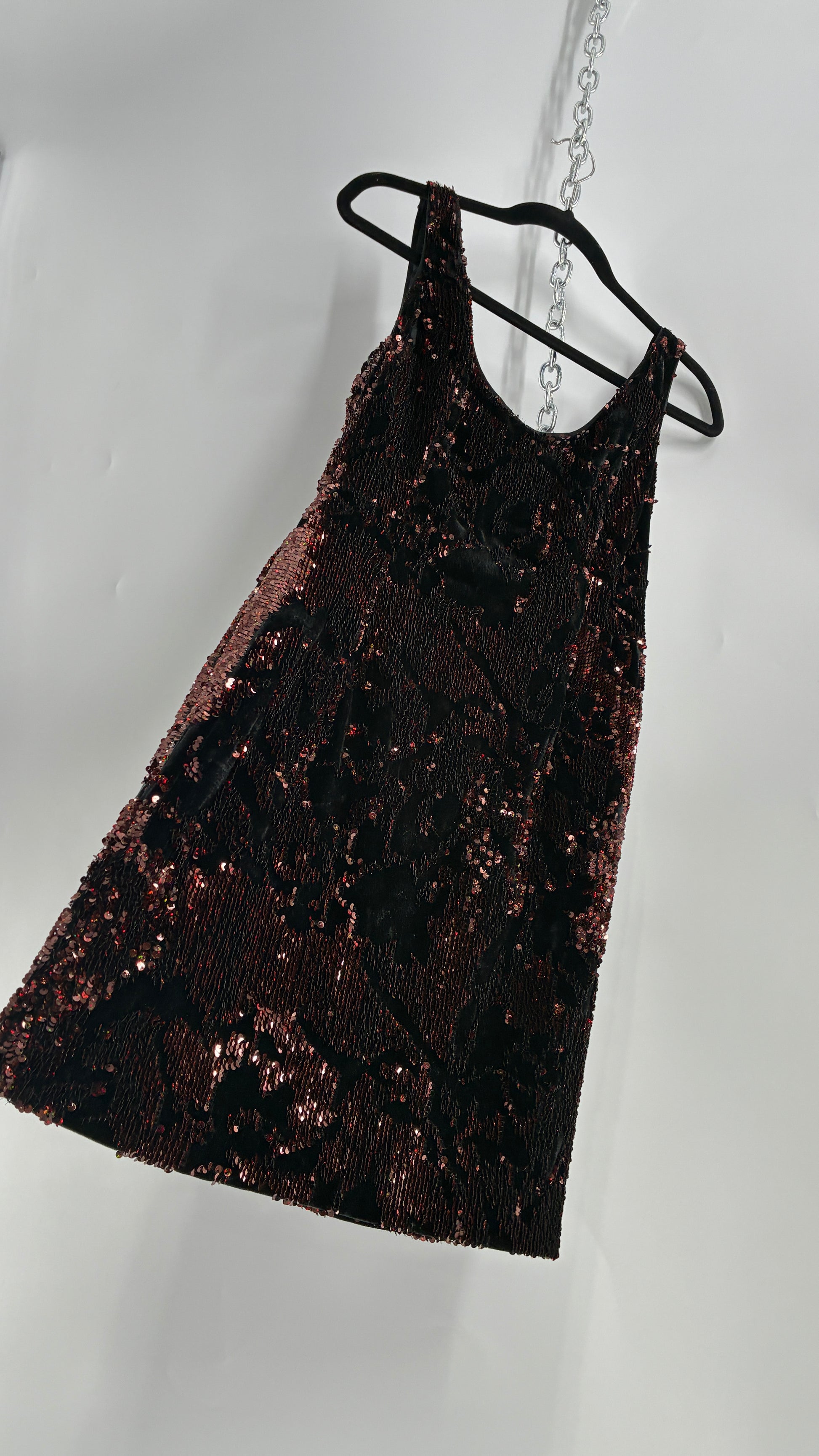 MILLY Cora Velvet, Black and Rose Gold Sequin Mini Dress with Built in The Thrifty Hippy MILLY Cora Velvet, Black and Rose Gold Sequin Mini Dress with Built in The Thrifty Hippy