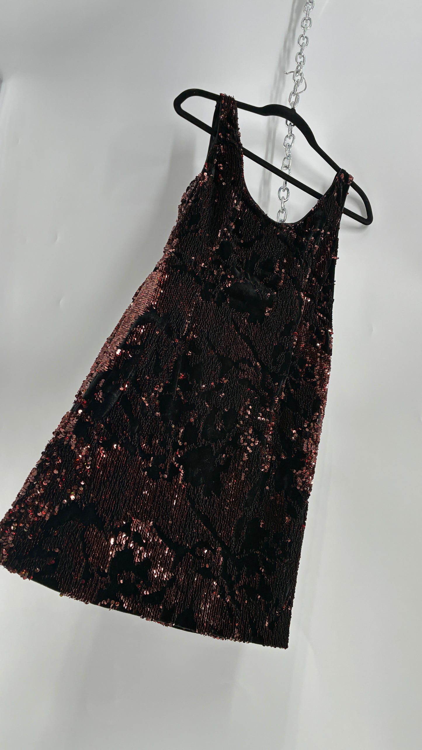 MILLY Cora Velvet, Black and Rose Gold Sequin Mini Dress with Built in Corset (4)