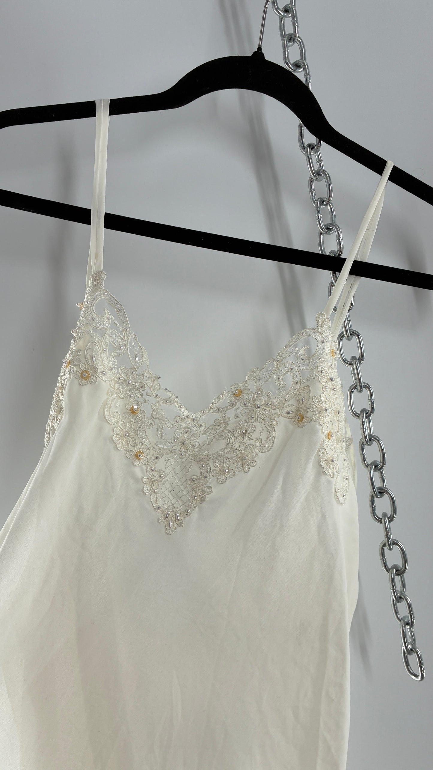 Vintage CALIFORNIA DYNASTY Ivory Maxi Slip Nightgown Dress with Sequin Neckline and Handkerchief Hem (Large)