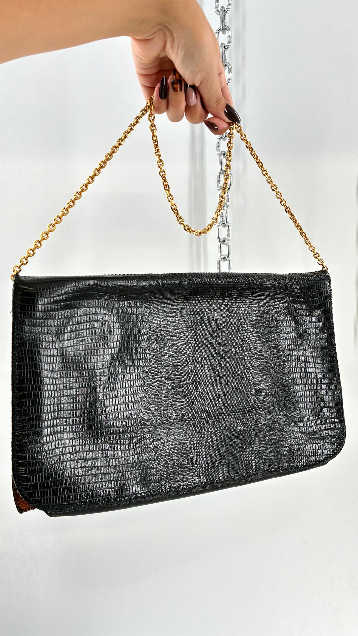 Vintage Exotic Genuine Leather Multicolor Reptile-Texture Patchwork Clutch With Chain Strap
