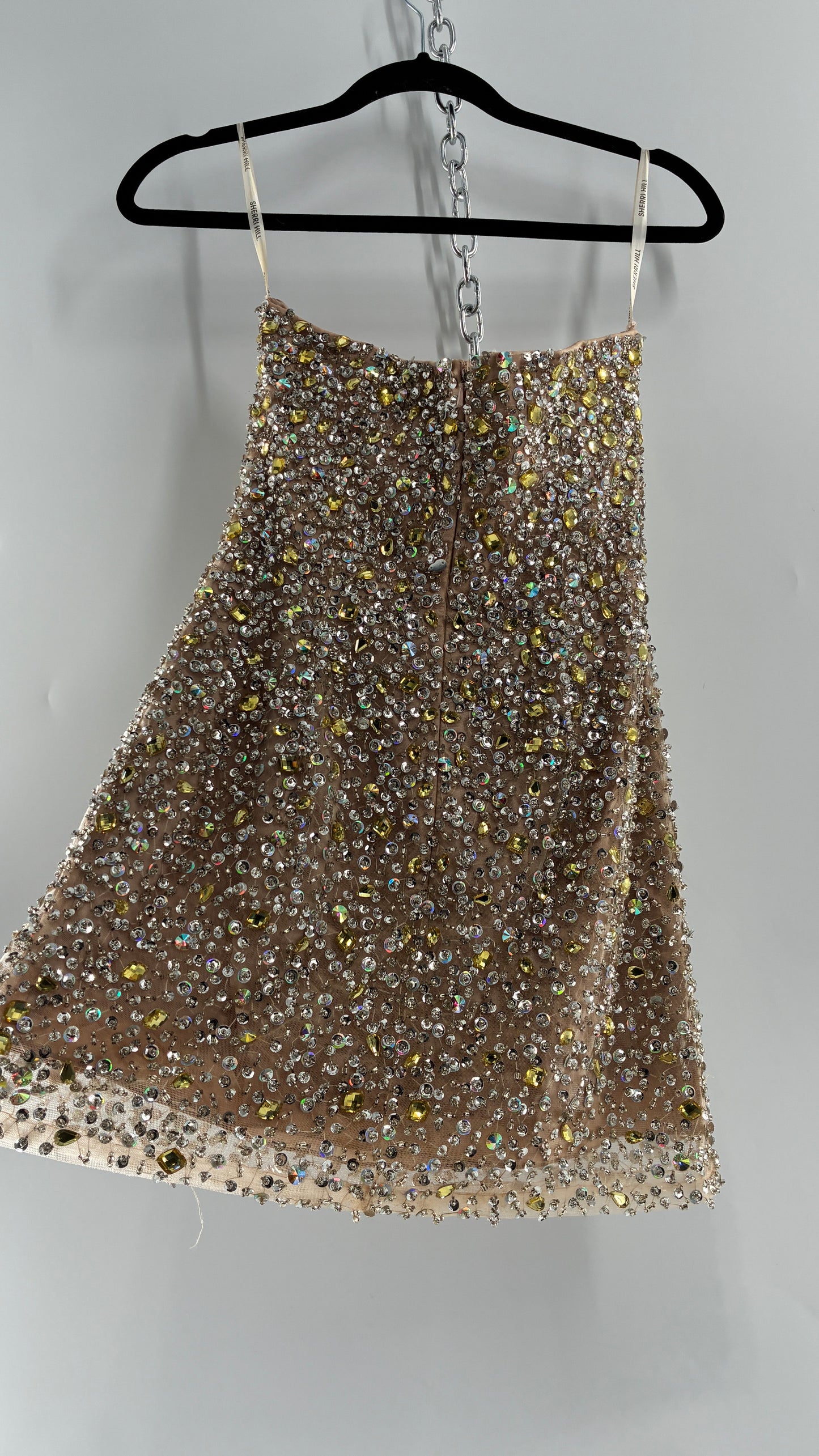 Vintage SHERRI HILL Nude Tan Underlay Mini Dress, Full Bedazzled and Covered in Beads  (6)