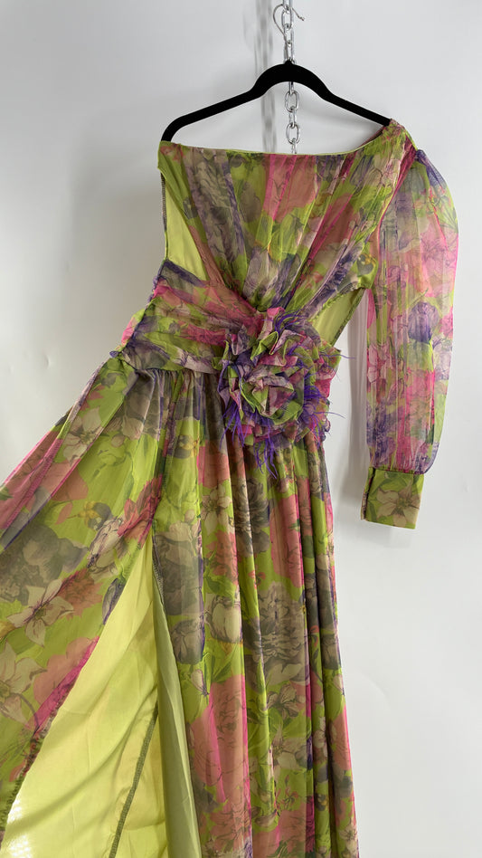 Vintage Open Waist Gown with Oversized Feathered Appliqué Rosette (Large)