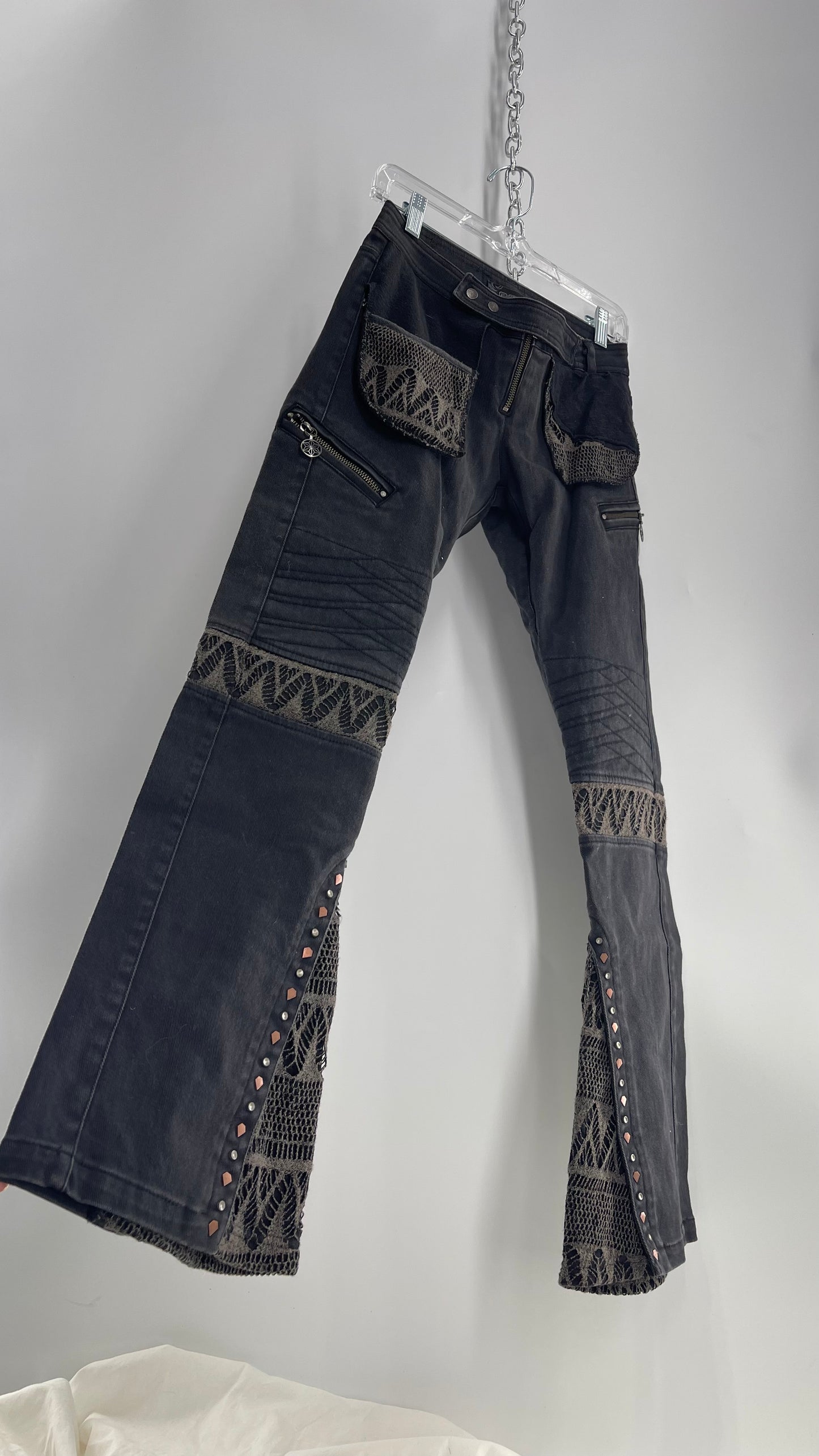 Vintage Rare PSYLO 1990s Low Rise Kick Flare Jeans with Studs, Lace and Hardware (38)