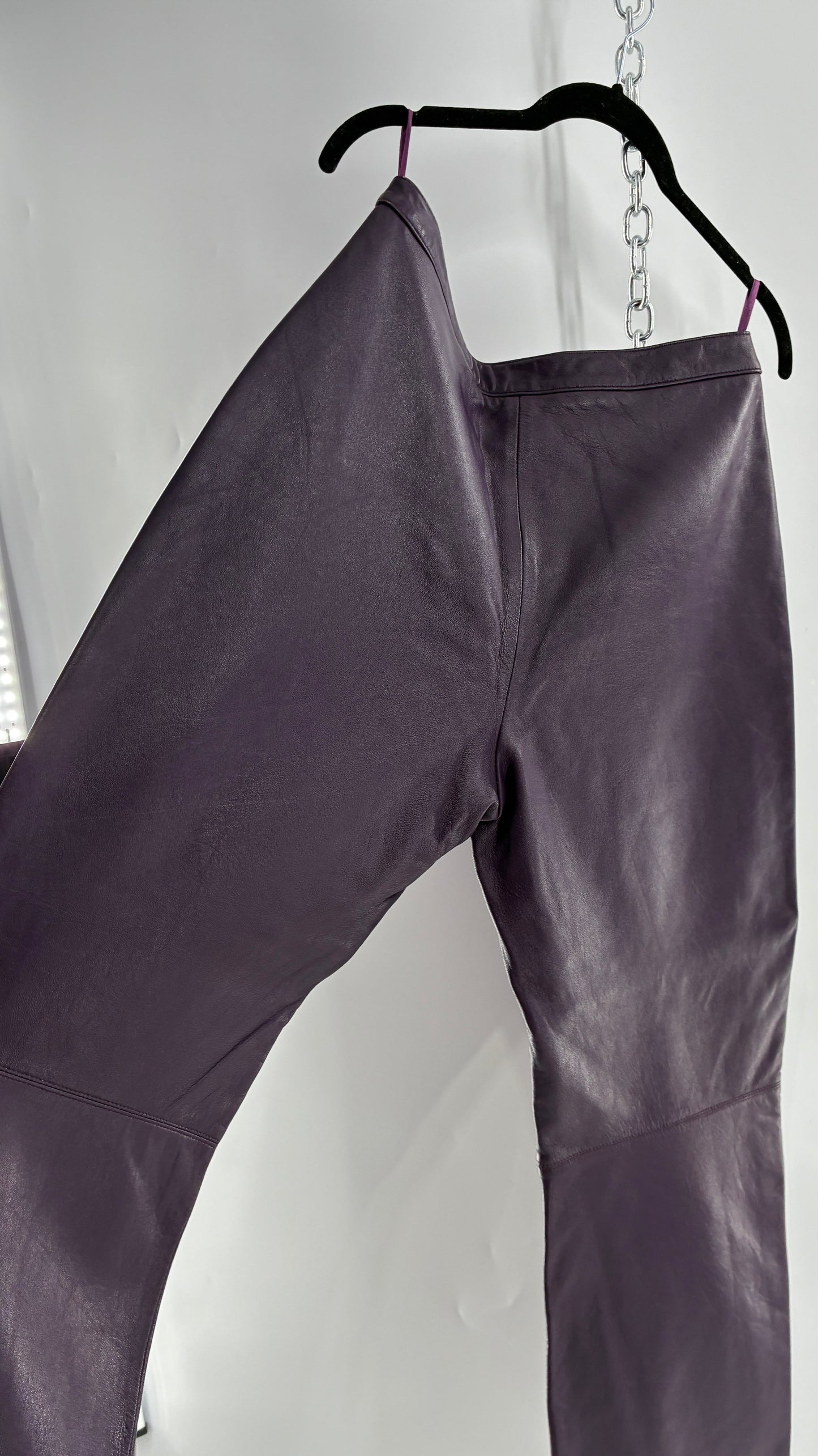 Vintage SHIN CHOI Genuine Italian Leather Purple Side Closure Low Rise Pants (12)