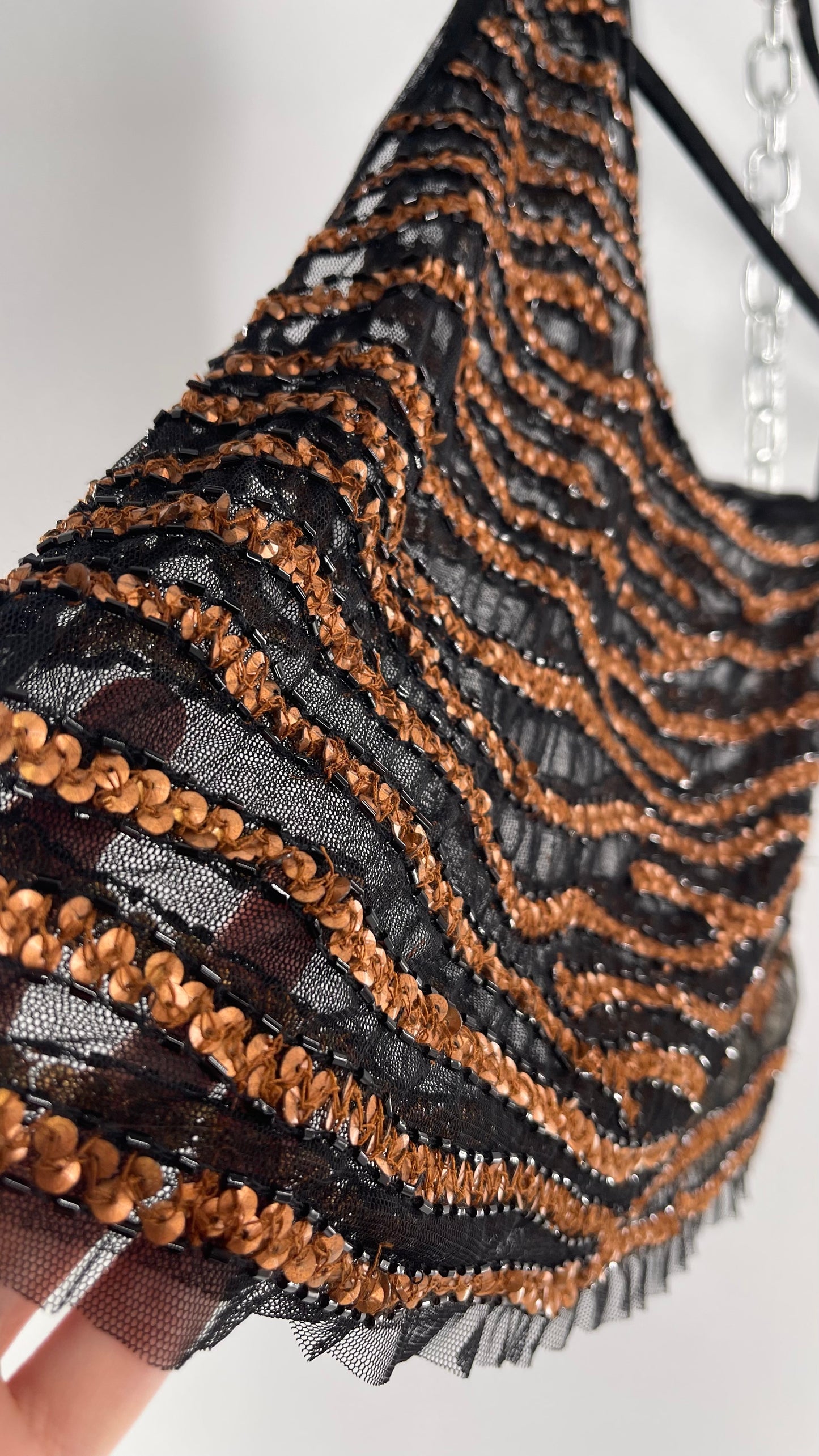 Free People Black Mesh One Shoulder Blouse with Copper Zebra Patterned Sequins (XS)