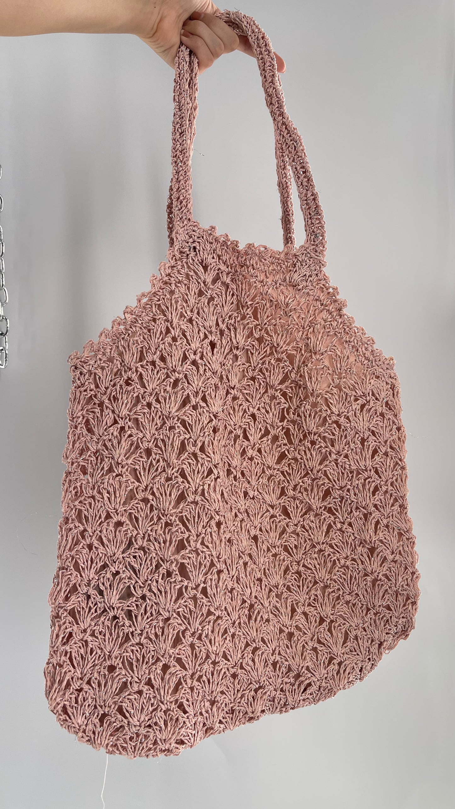 Urban Outfitters Baby Pink Straw Tote Bag with Silver Tinsel