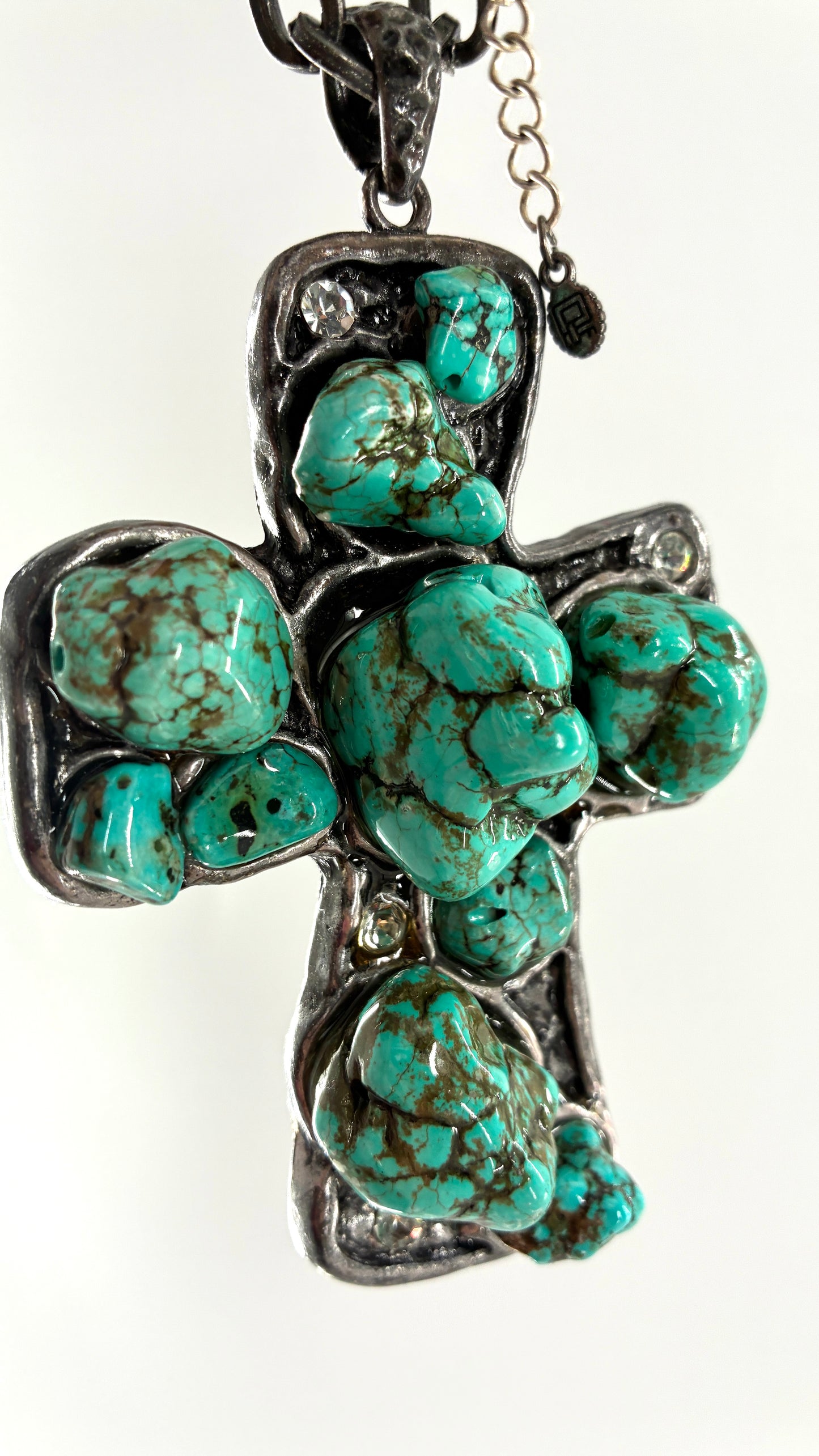Vintage Heavy Metal Cross Necklace with Soldered Turquoise Stones and Rhinestones