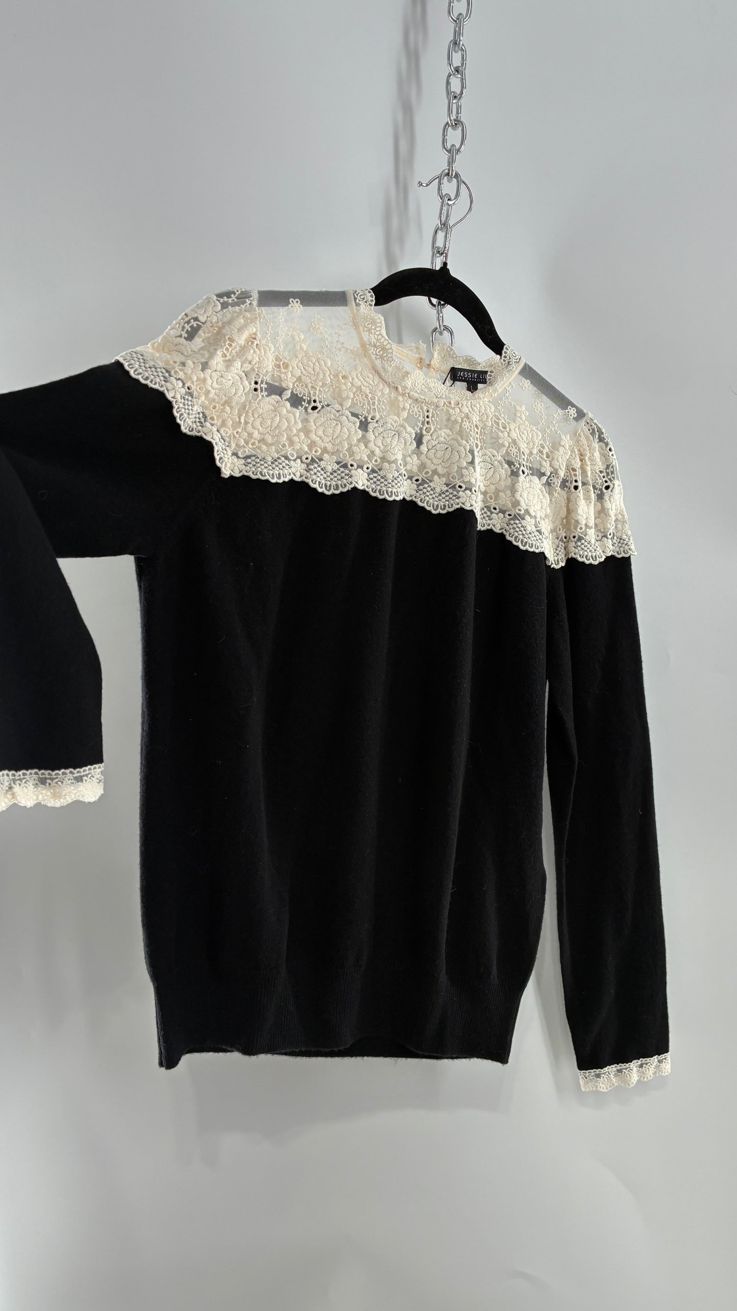 JESSIE LIU Amari Black 100% Merino Wool Sweater with Ivory Lace Neckline and Cuffs (Large)