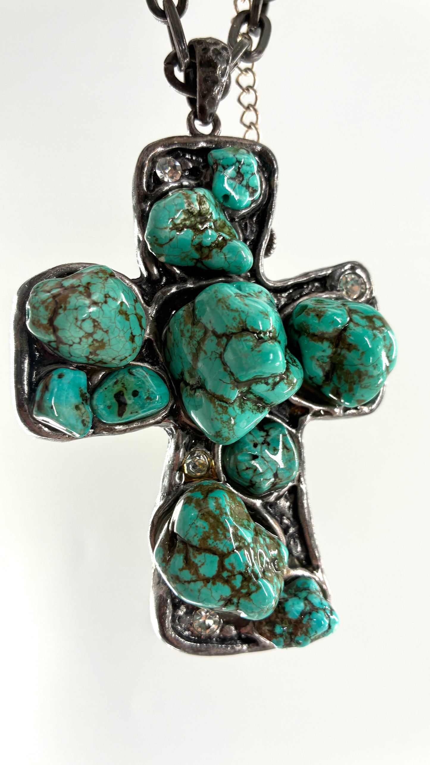Vintage Heavy Metal Cross Necklace with Soldered Turquoise Stones and Rhinestones