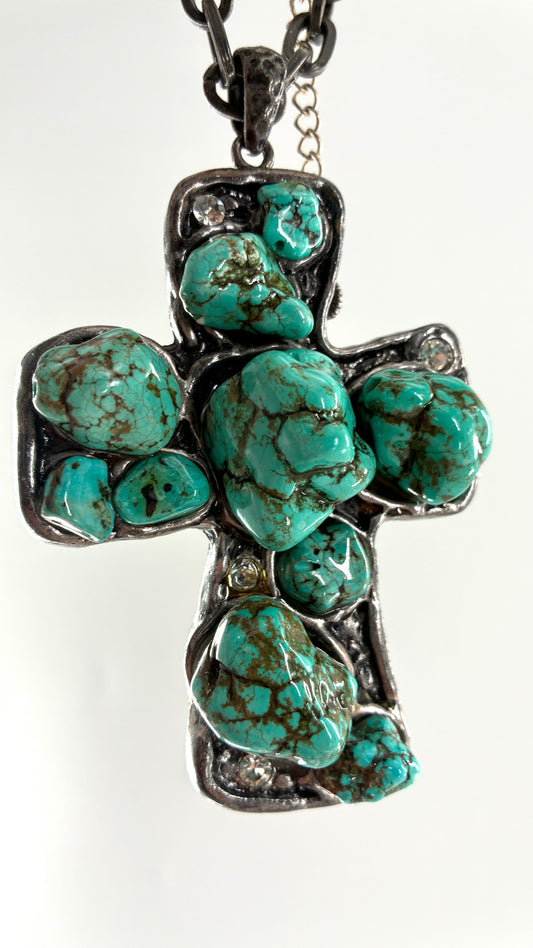 Vintage Heavy Metal Cross Necklace with Soldered Turquoise Stones and Rhinestones