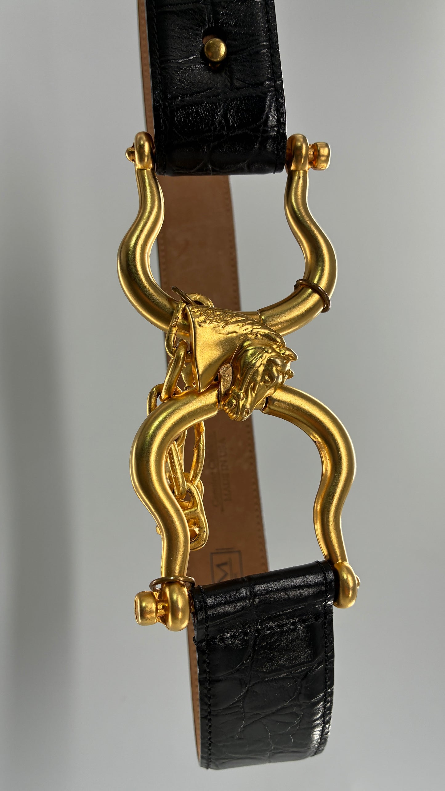 Vintage WCM New York Genuine Calfskin Belt with Golden Sculptural Horse Head Door-Knocker Buckle and Chain Detail  (Medium)
