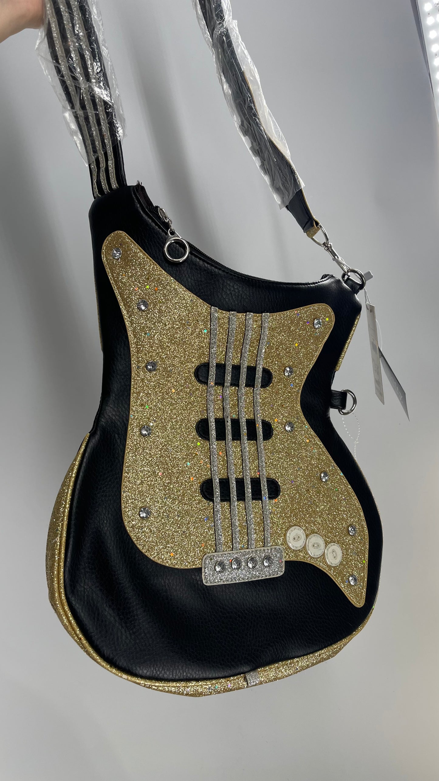 Deadstock Vintage Leather Glitter Guitar Purse with Fretboard Strap and Tags Attached