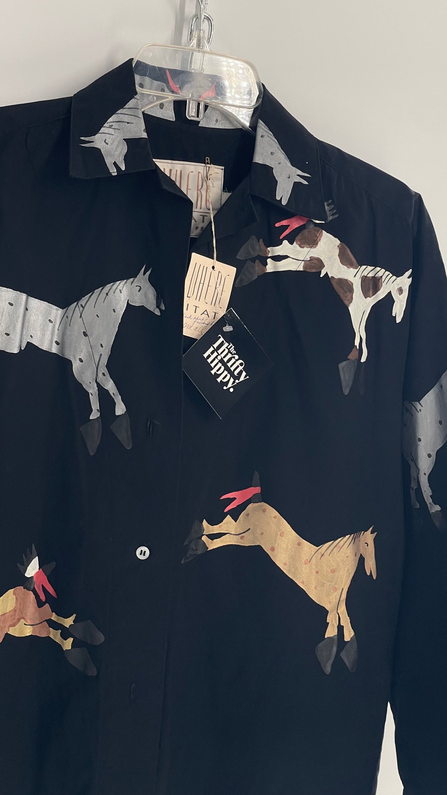 WHERE ITAT Black Button Up with Hand Painted Horses 100% Pima Cotton with Tags Attached (Small)