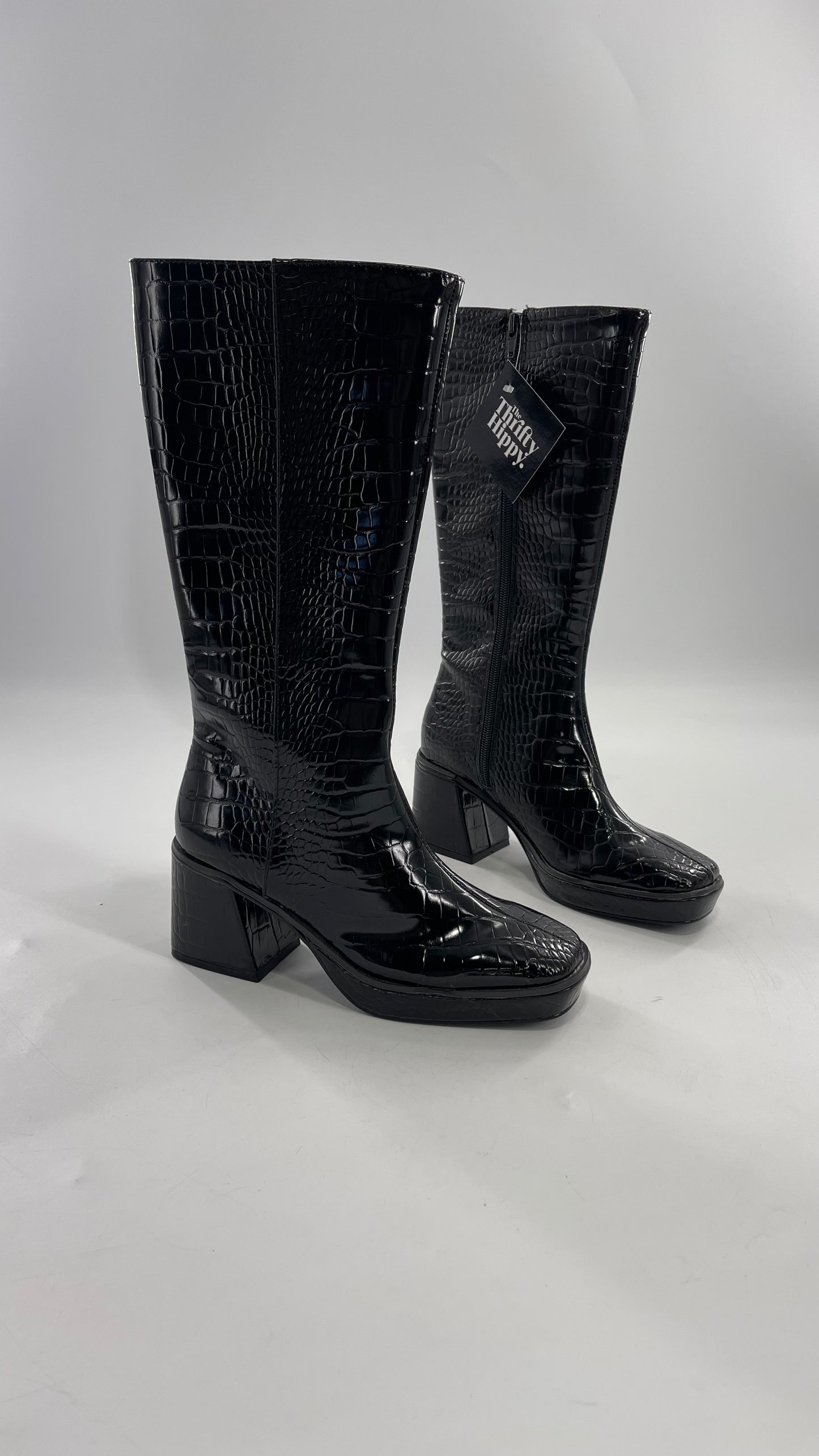 Urban Outfitters Black Crocodile Embossed Knee High Heel Boots (6)