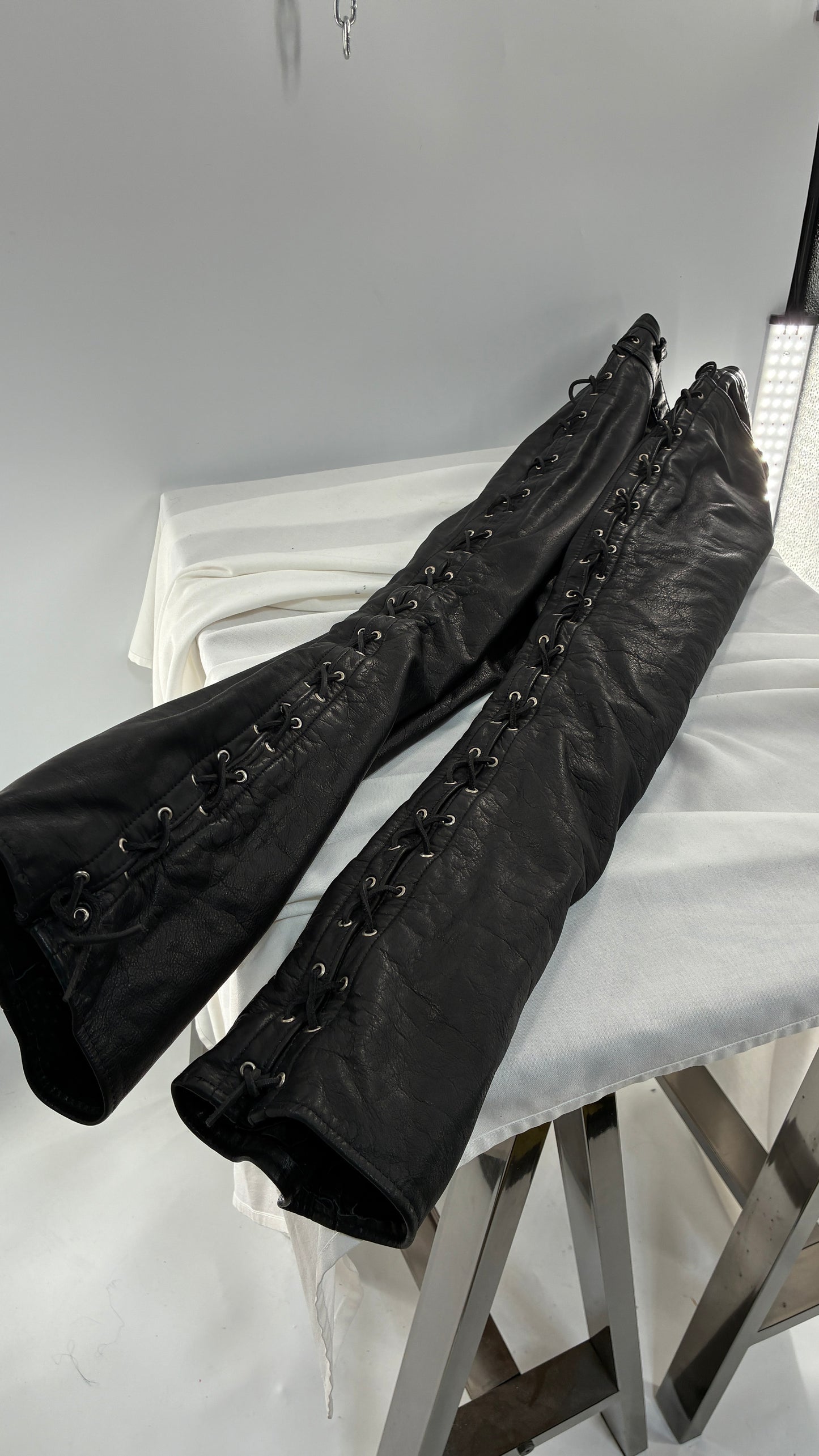 Vintage Thick Ultra Soft Black Leather Pants with Tie Up Sides (Medium)